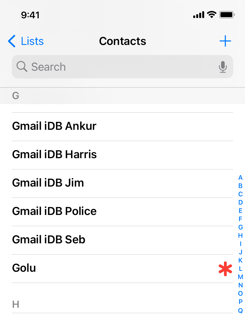 Google Contacts added to iOS Contacts app