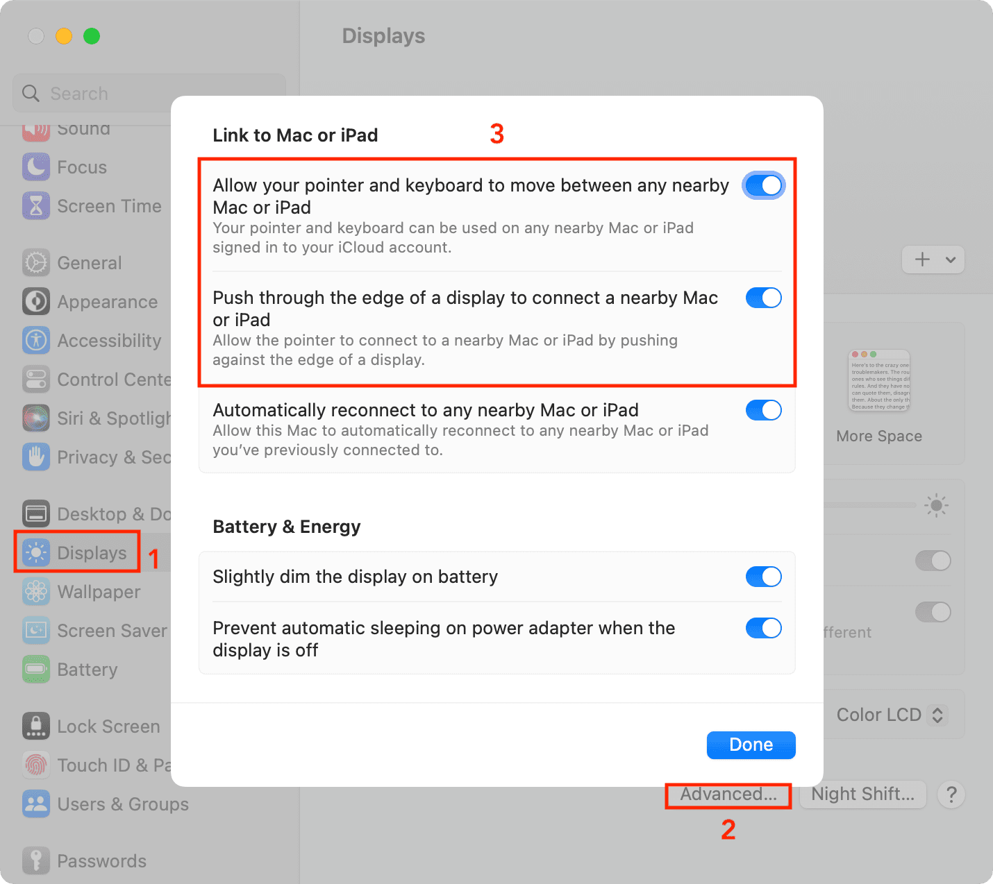 Link to Mac or iPad display settings on Mac