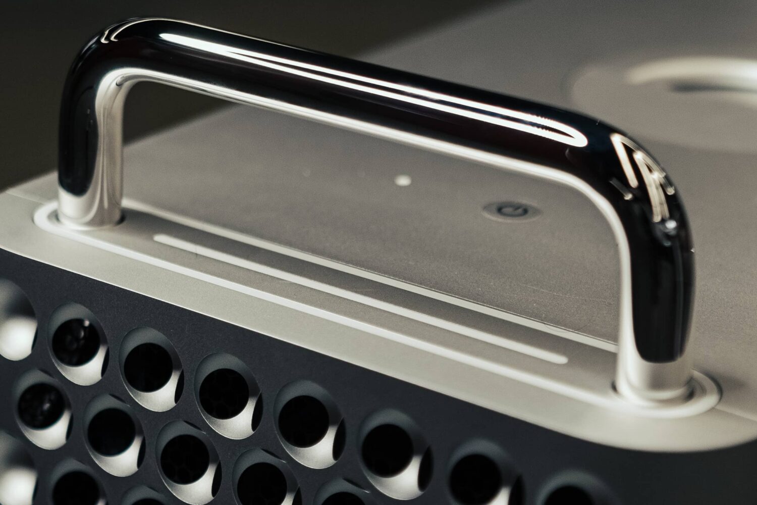 Closeup of the top handle of the 2019 Intel-based Mac Pro workstation
