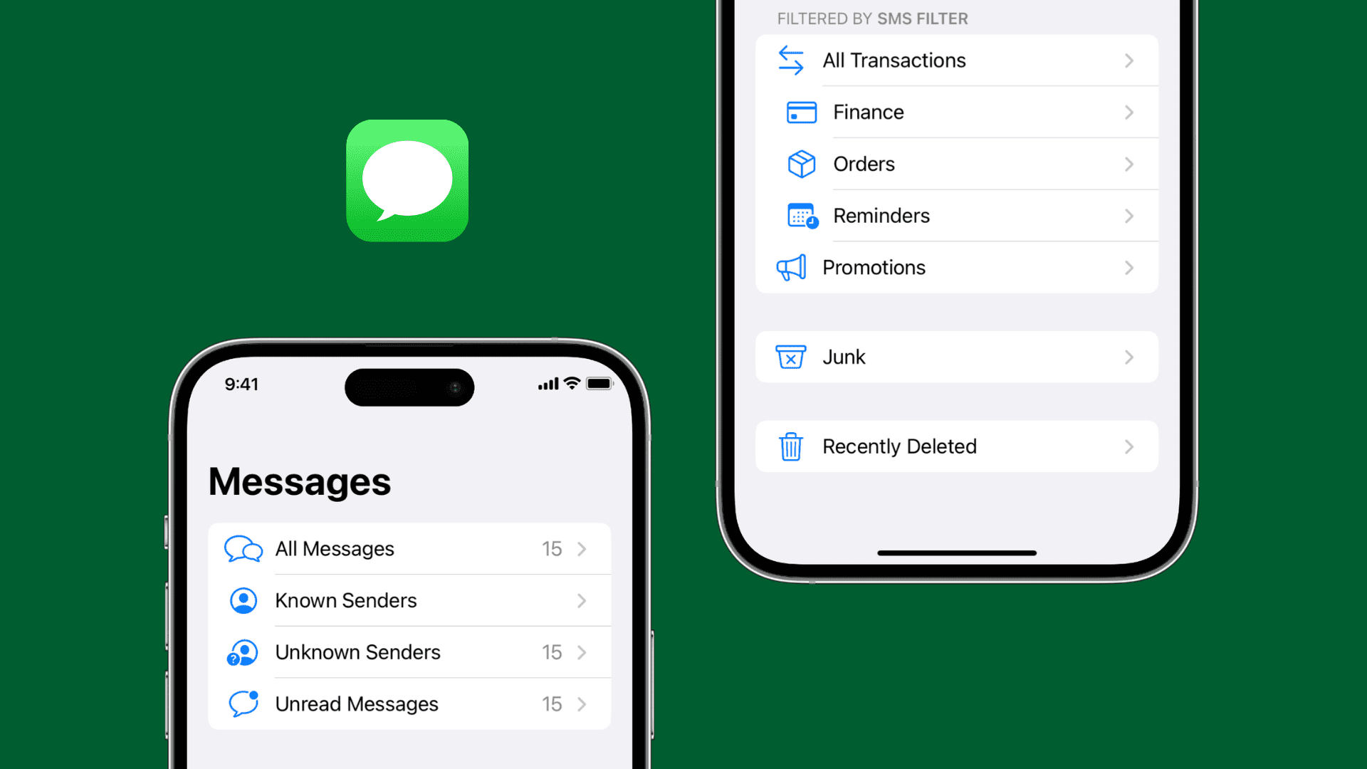 All message filters inside the iPhone Messages app