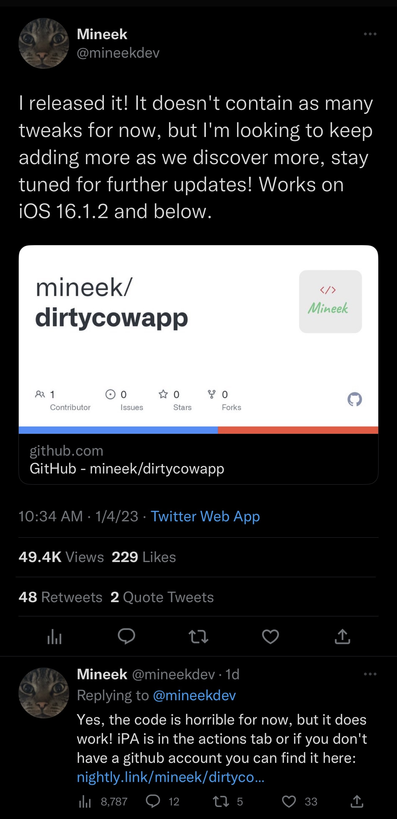 Mineek announces the availability of the dirtycowapp for iOS 15.x-16.1.2.