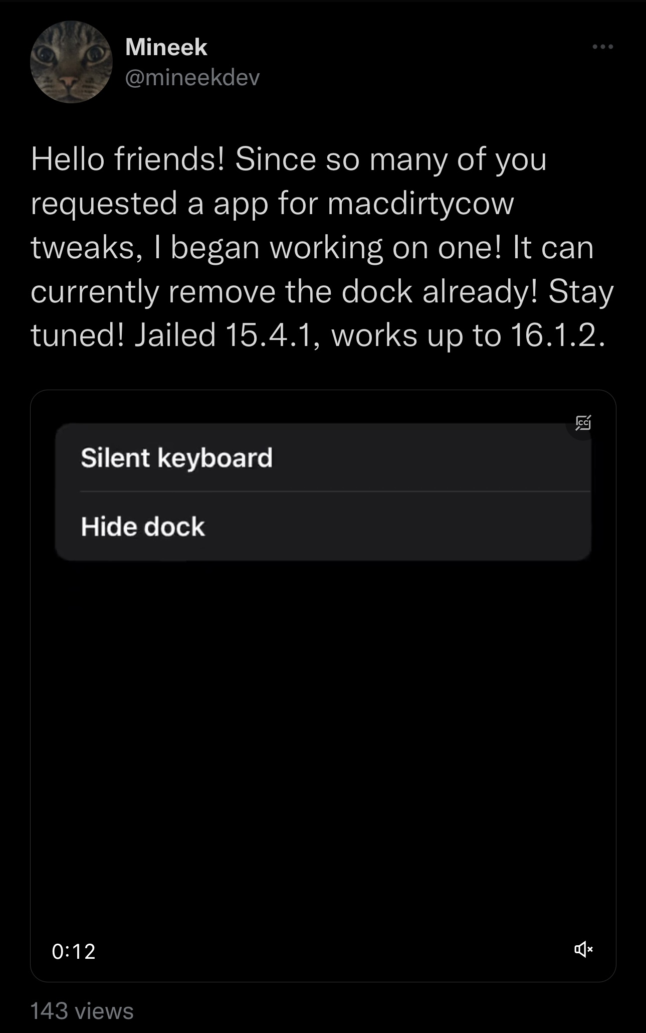Mineek teases upcoming MacDirtyCow bug app for iPhone.