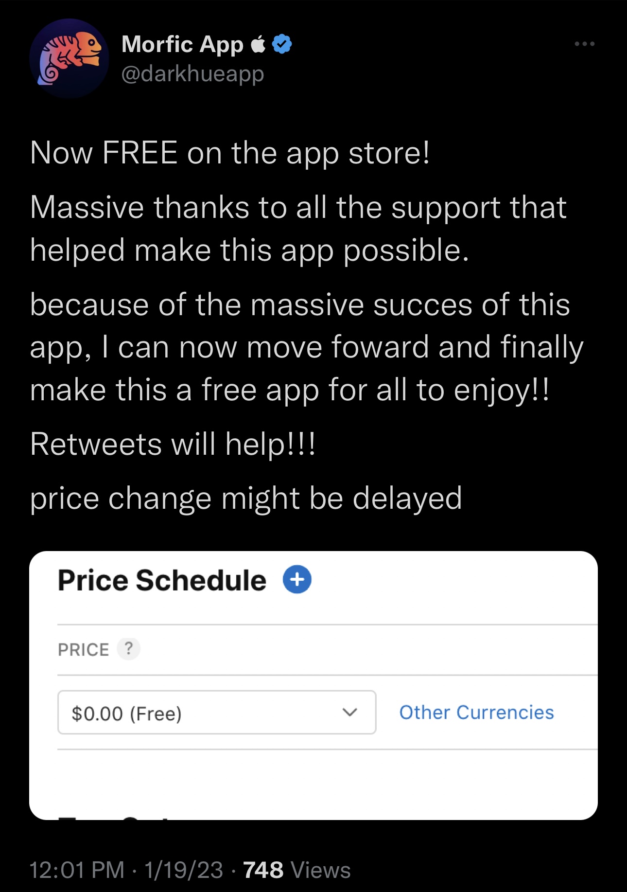 Morfic Twitter account announced the app going free following a successful app launch.