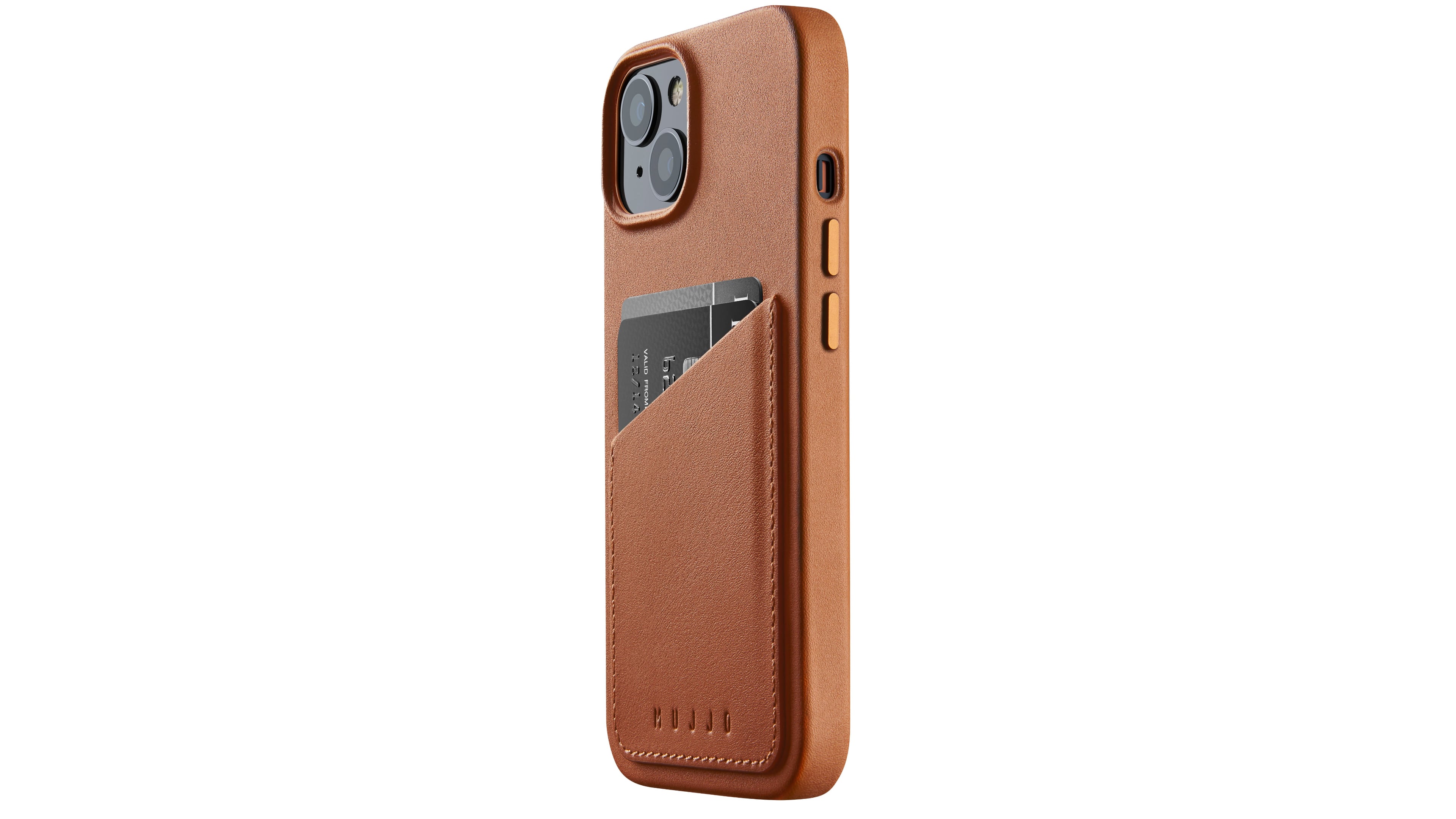 iPhone 14 in Mujjo's leather wallet case in tan color finish
