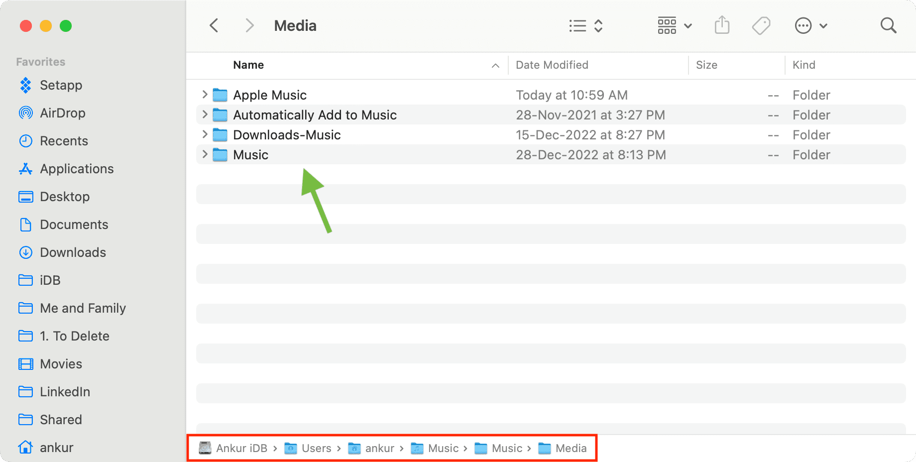 Music Media folder in Finder on Mac