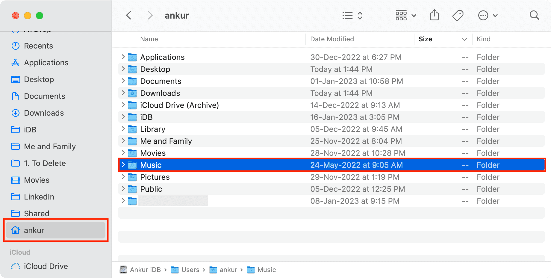 Music folder in Mac Finder Home folder