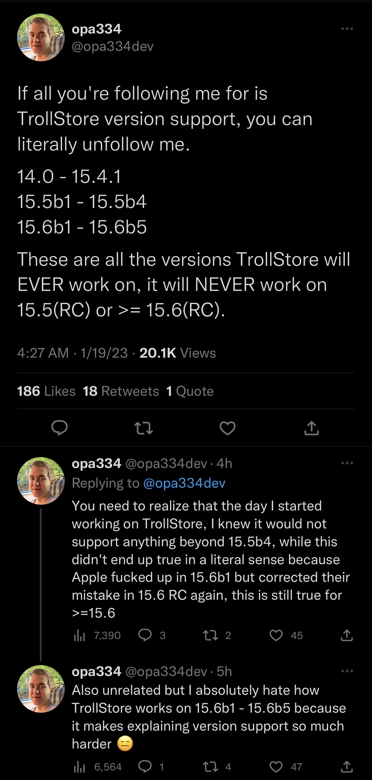 Opa334 says that TrollStore will never support any firmware newer than iOS 15.6 beta 5.