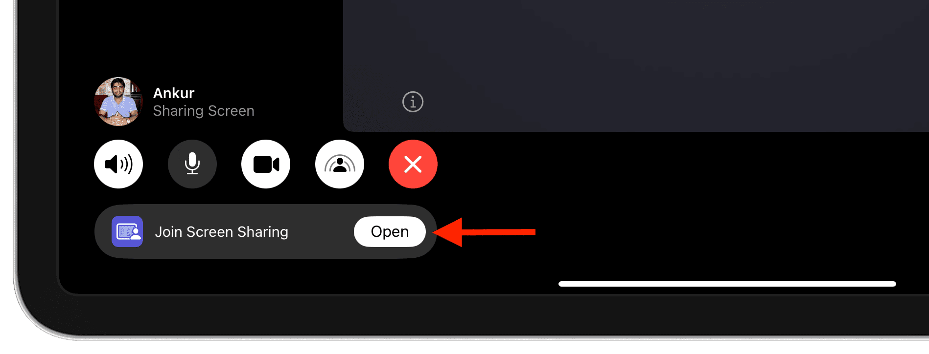 Tap Open next to Join Screen Sharing during a FaceTime call