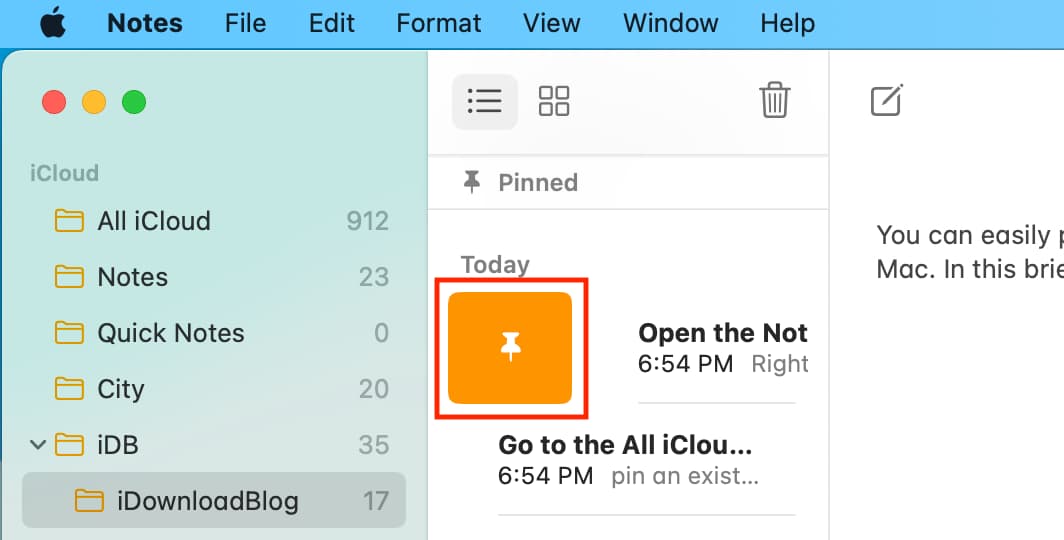 Pin note in Notes app on Mac with a right swipe