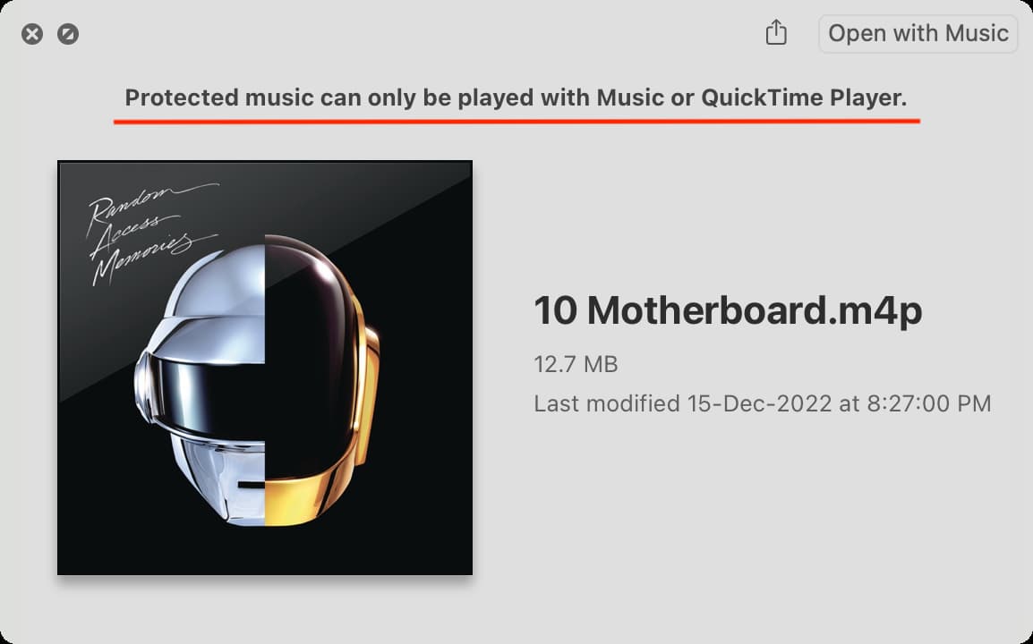 Protected music can only be played with Music or QuickTime Player