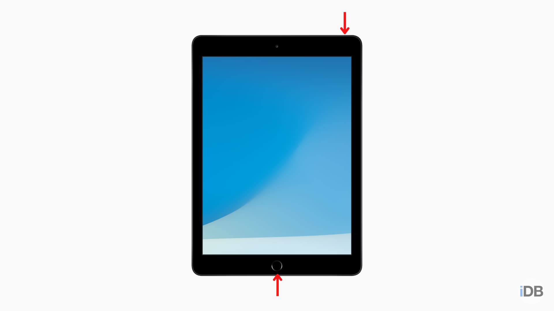 iPad with Home button showing which buttons to press to enter recovery mode