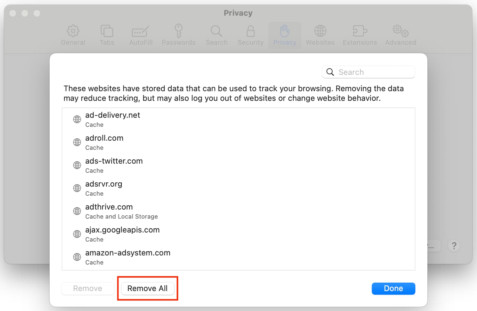 Remove all Safari data on Mac