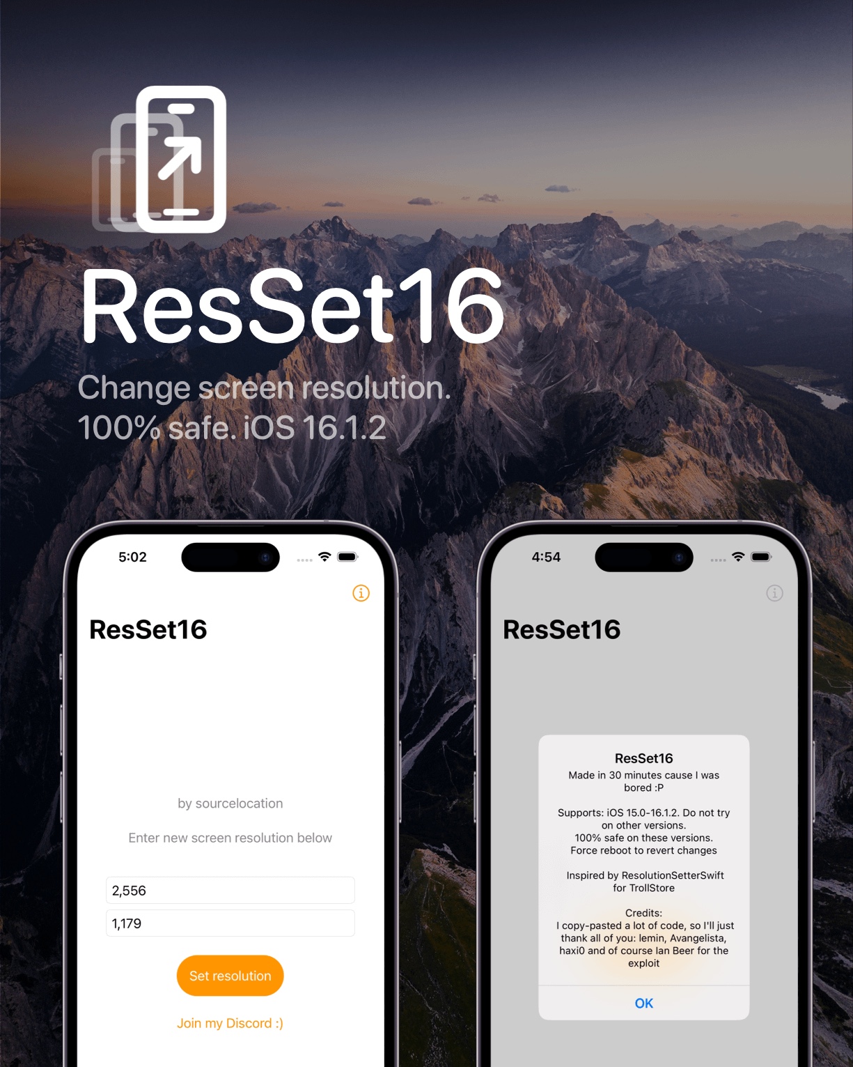 ResSet16 is a display resolution changer app for MacDirtyCow-susceptible devices on iOS 16.0-16.1.2