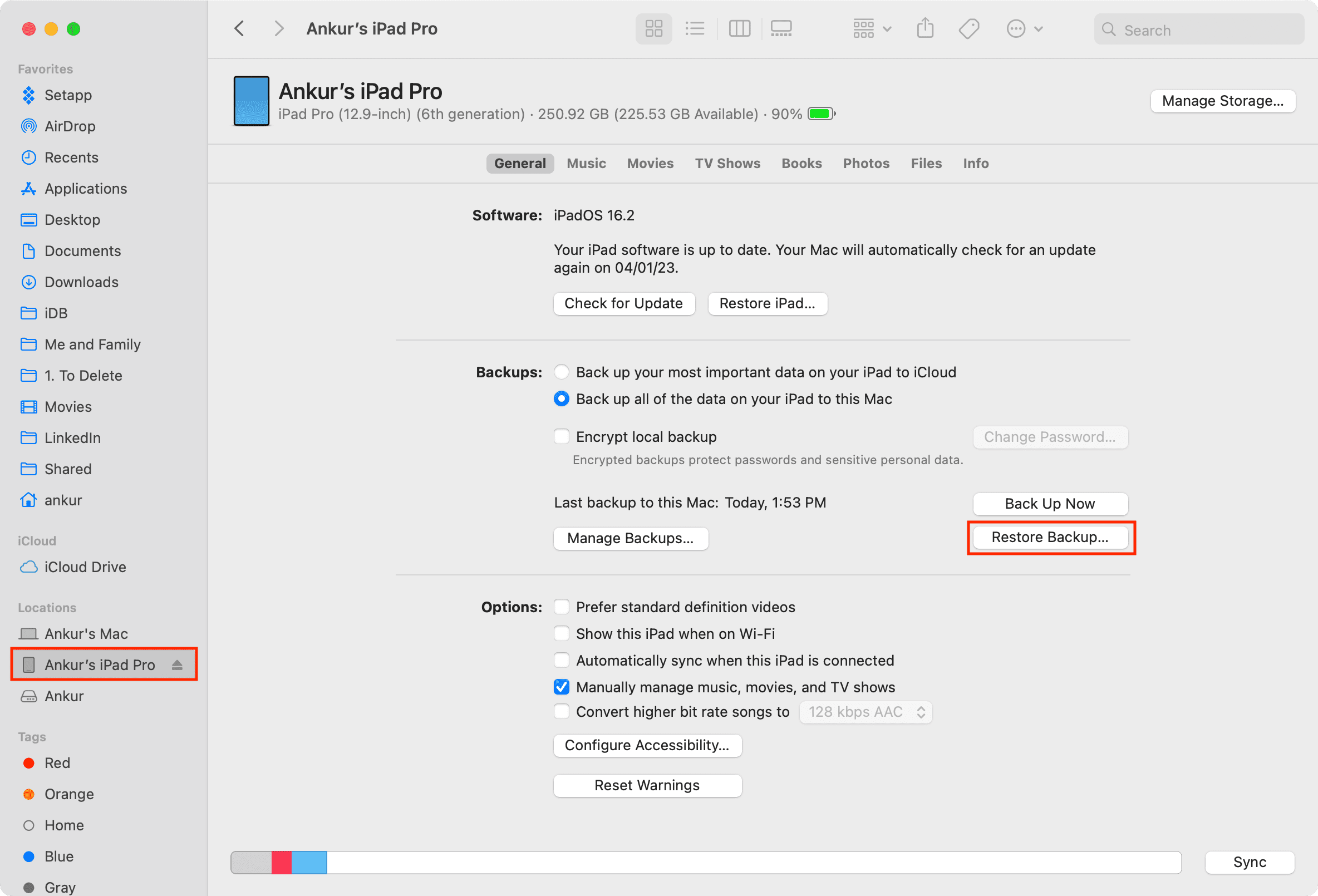 Restore Backup using Finder on Mac