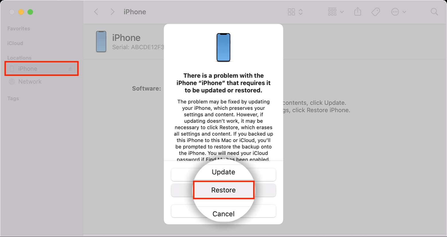 Restore iPhone using Finder on Mac