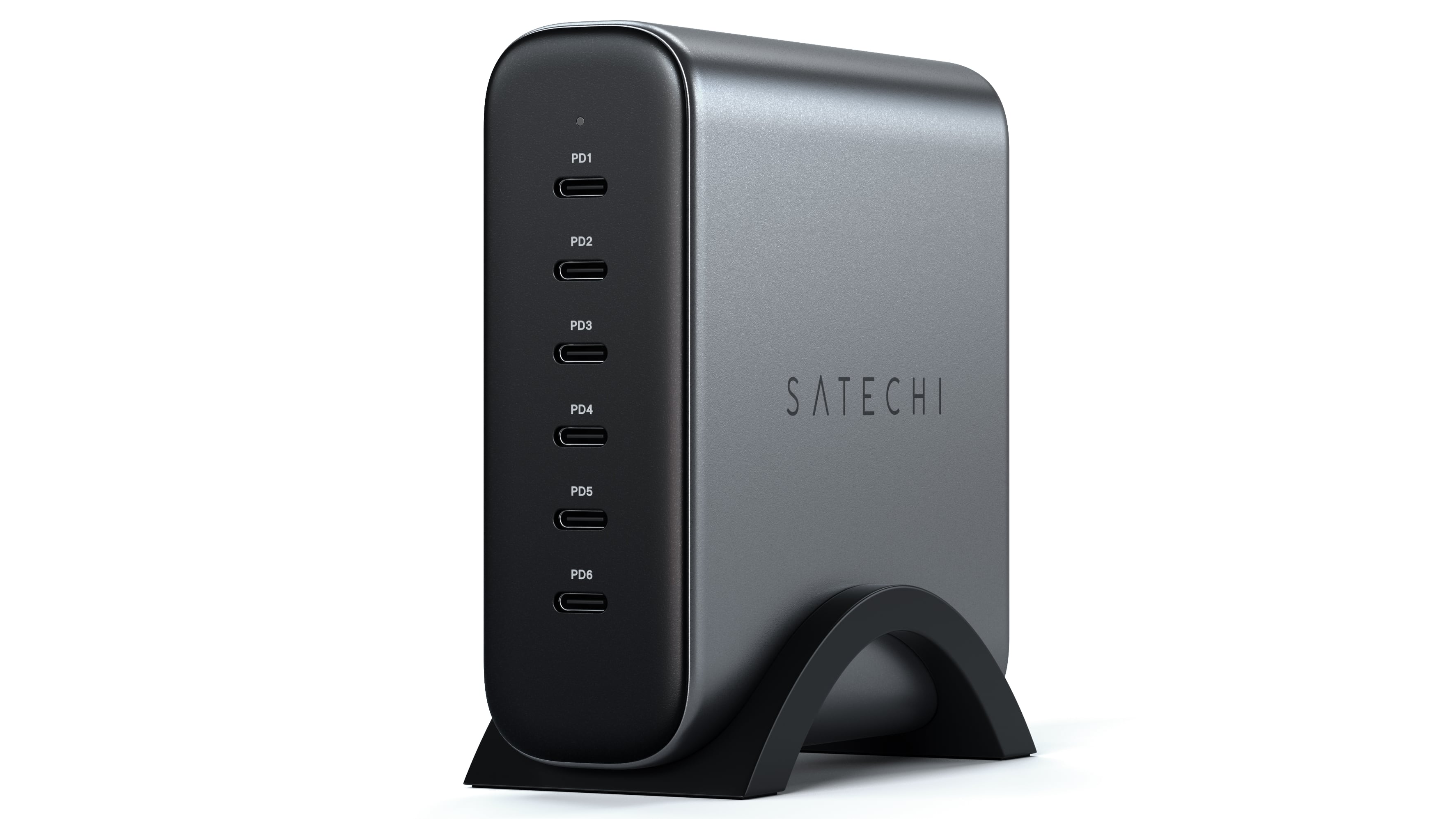 Satechi's six-port GaN charger positioned upright in its desktop stand