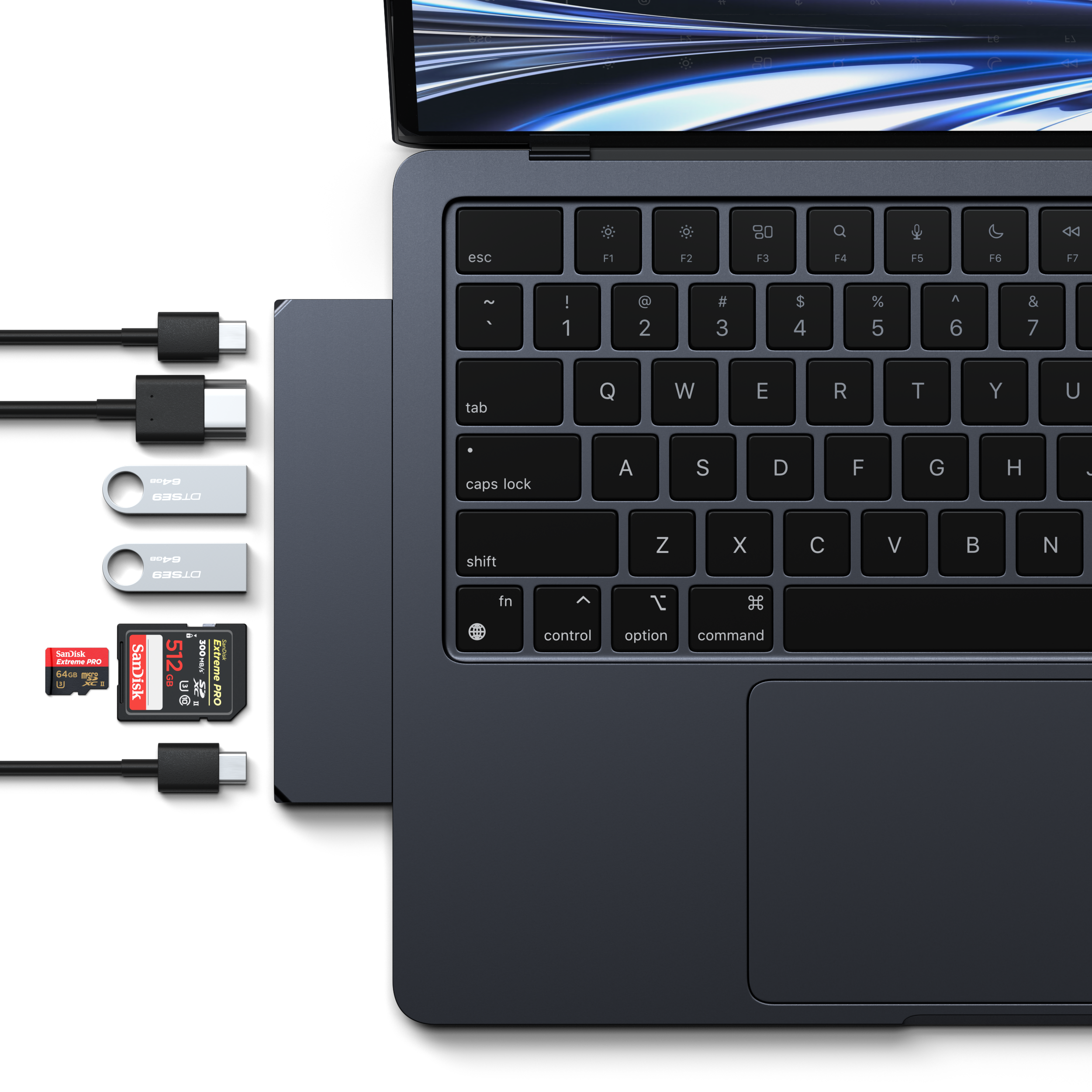 Satechi Pro Slim Hub plugged into Midnight MacBook.
