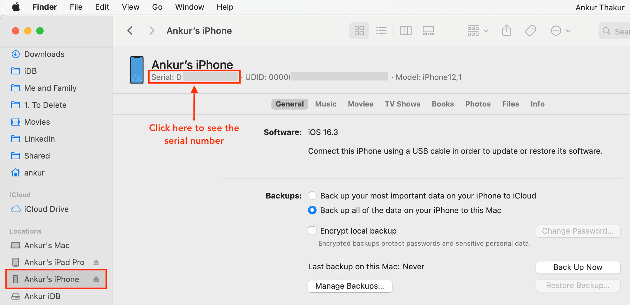 Lihat nomor seri iPhone di Finder di Mac