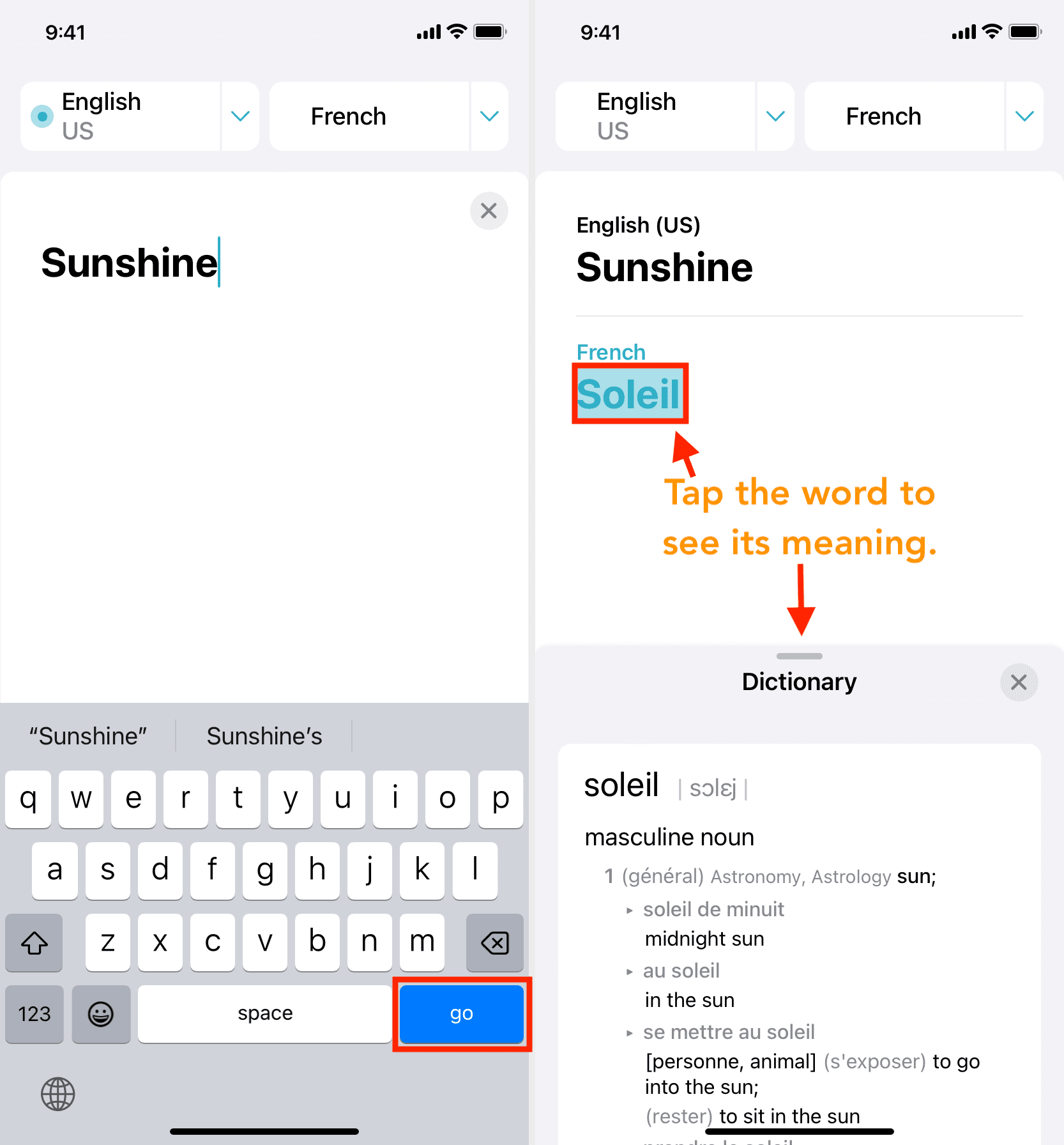 See meaning of word in iPhone Translate app
