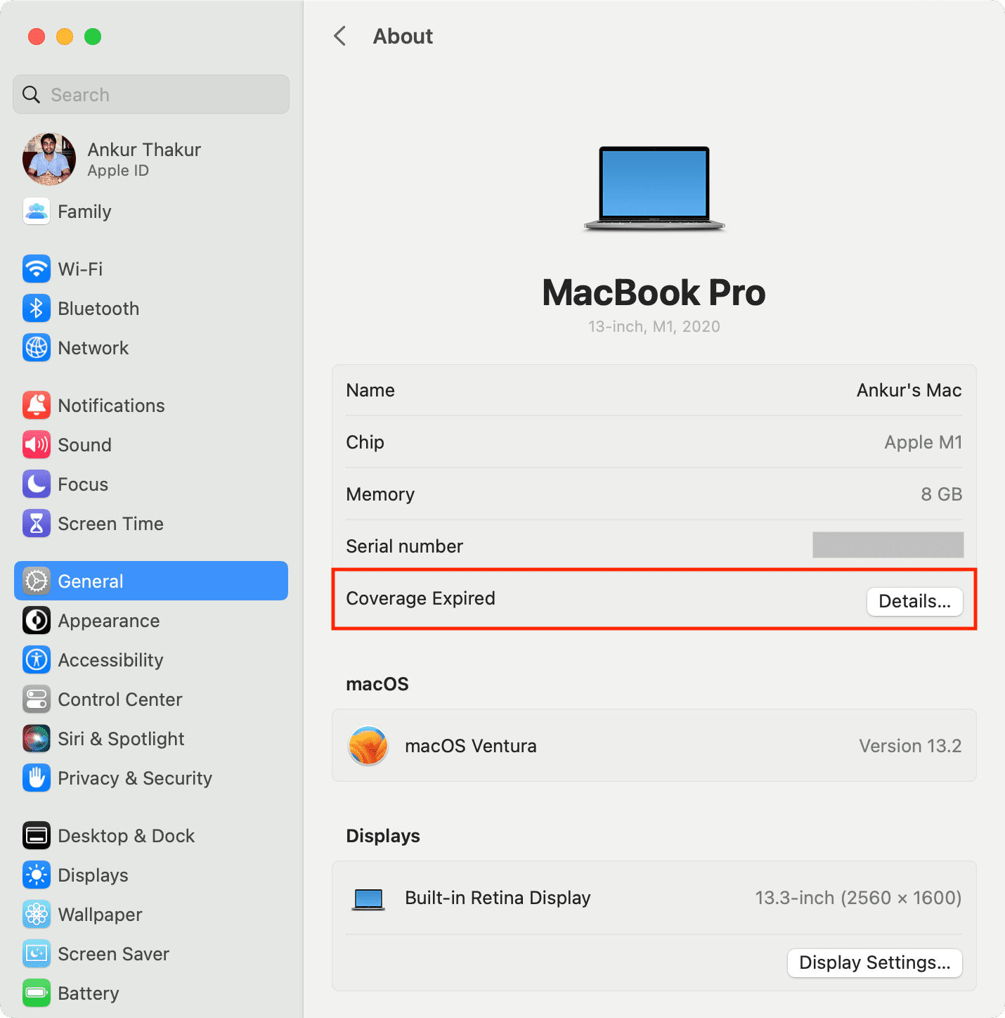 System Settings showing the warranty coverage of a Mac