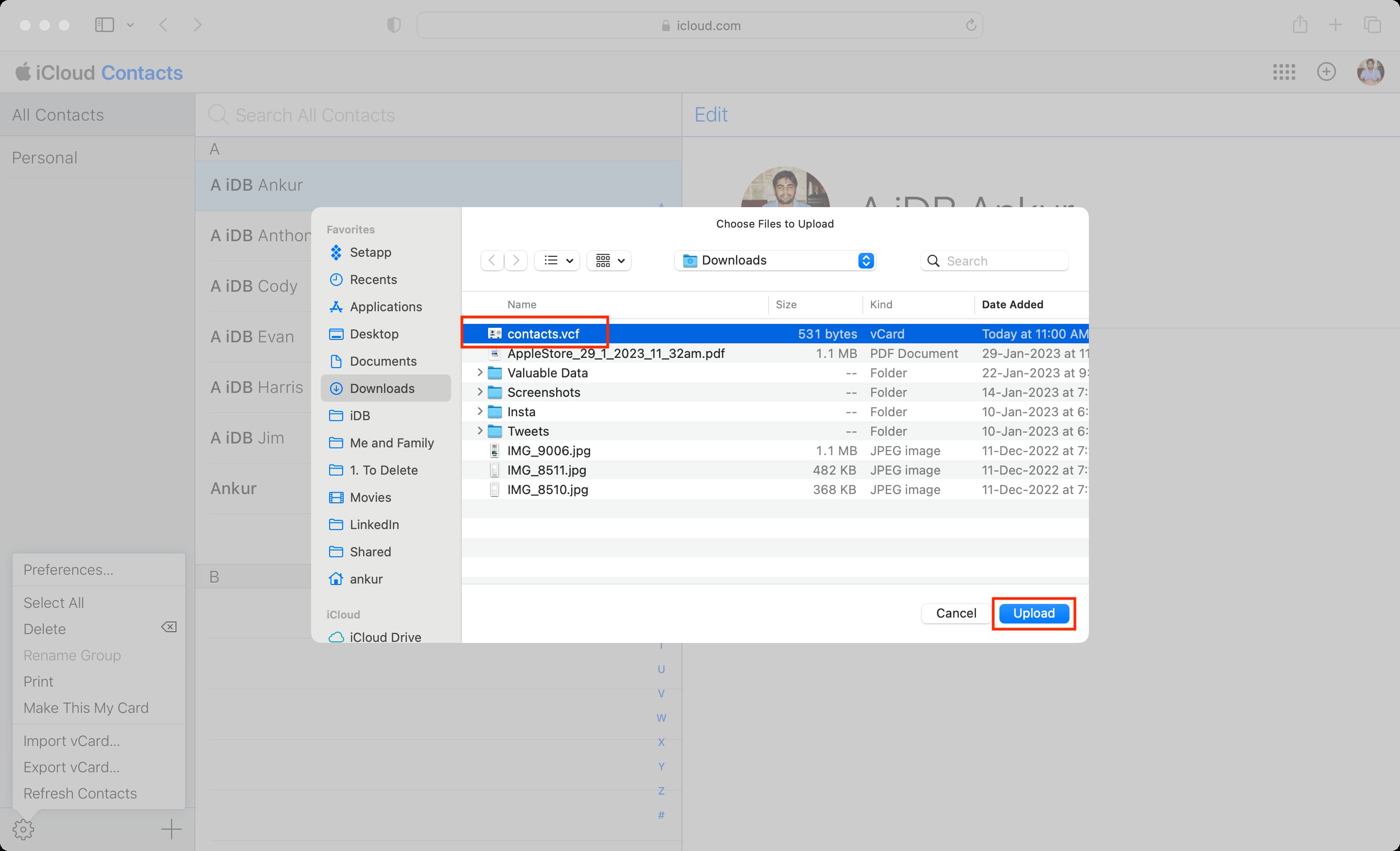 Select Google Contacts VCF file and upload it to iCloud Contacts