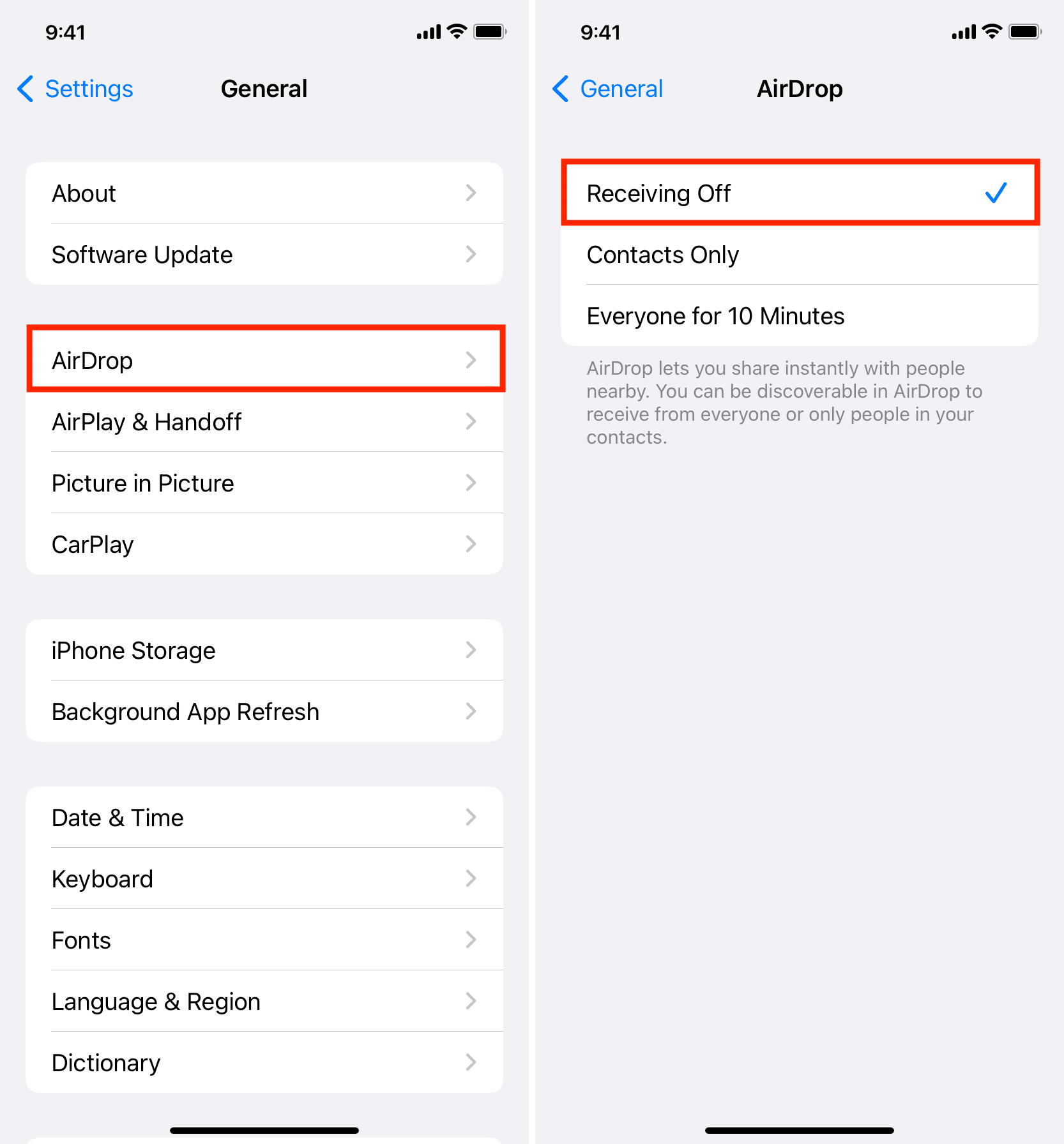 Select Receiving Off for AirDrop in iPhone Settings