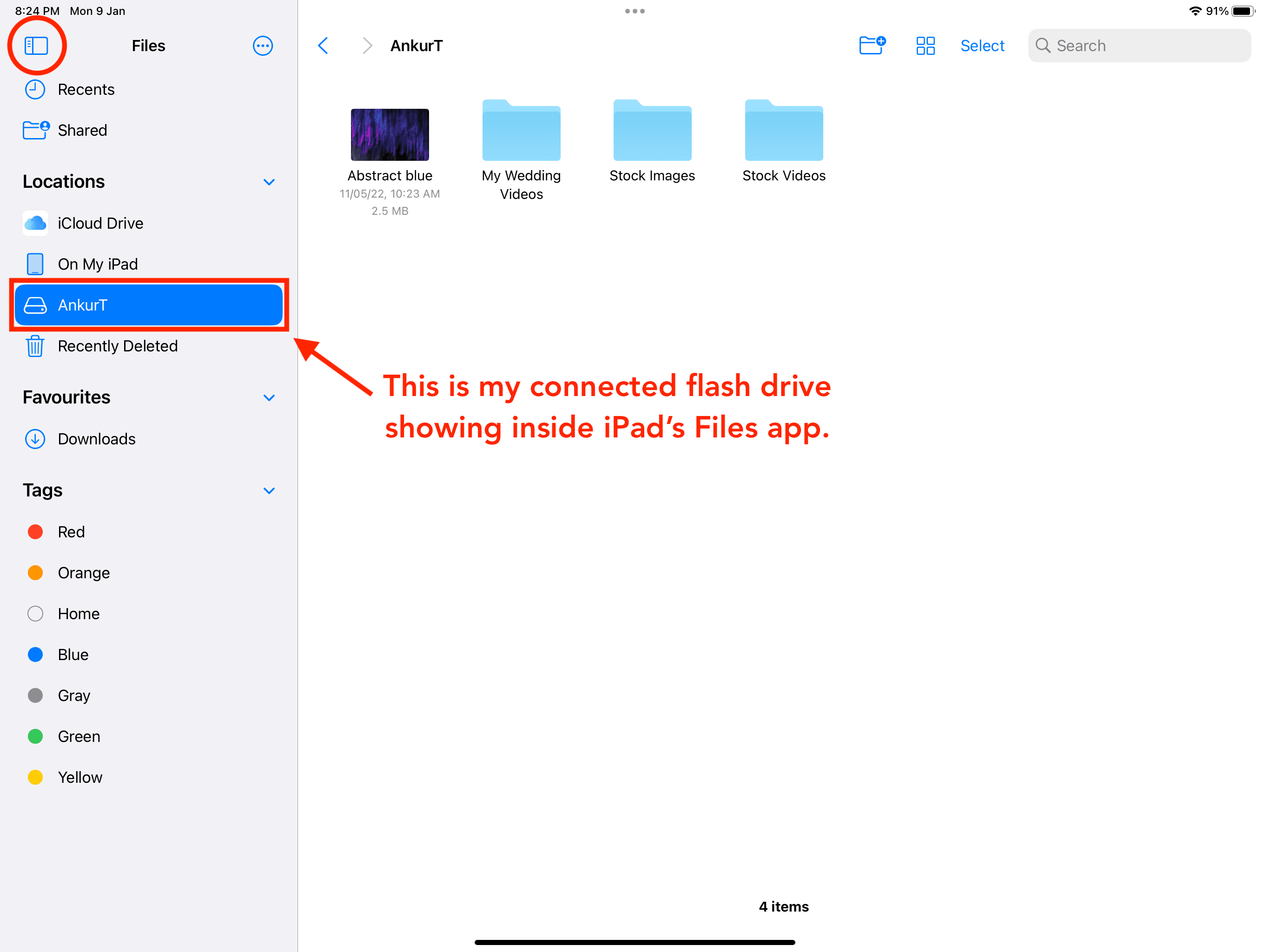Select connected flash drive in iPad Files app