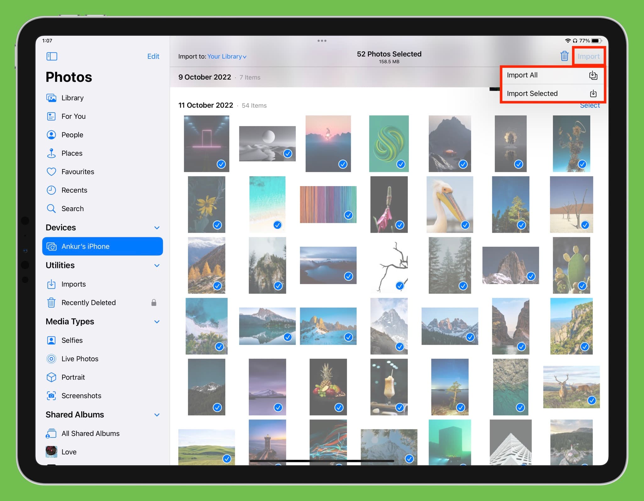 Select iPhone photos and videos on iPad and tap Import