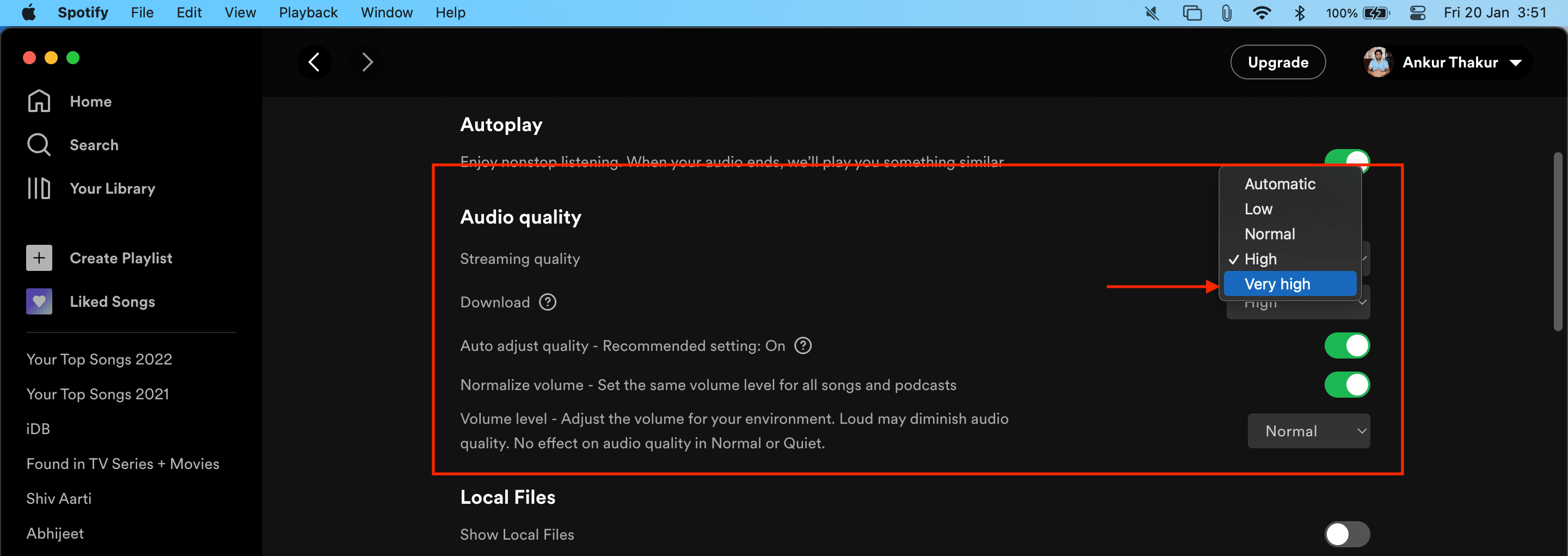 Select very high quality audio quality in Spotify on Mac