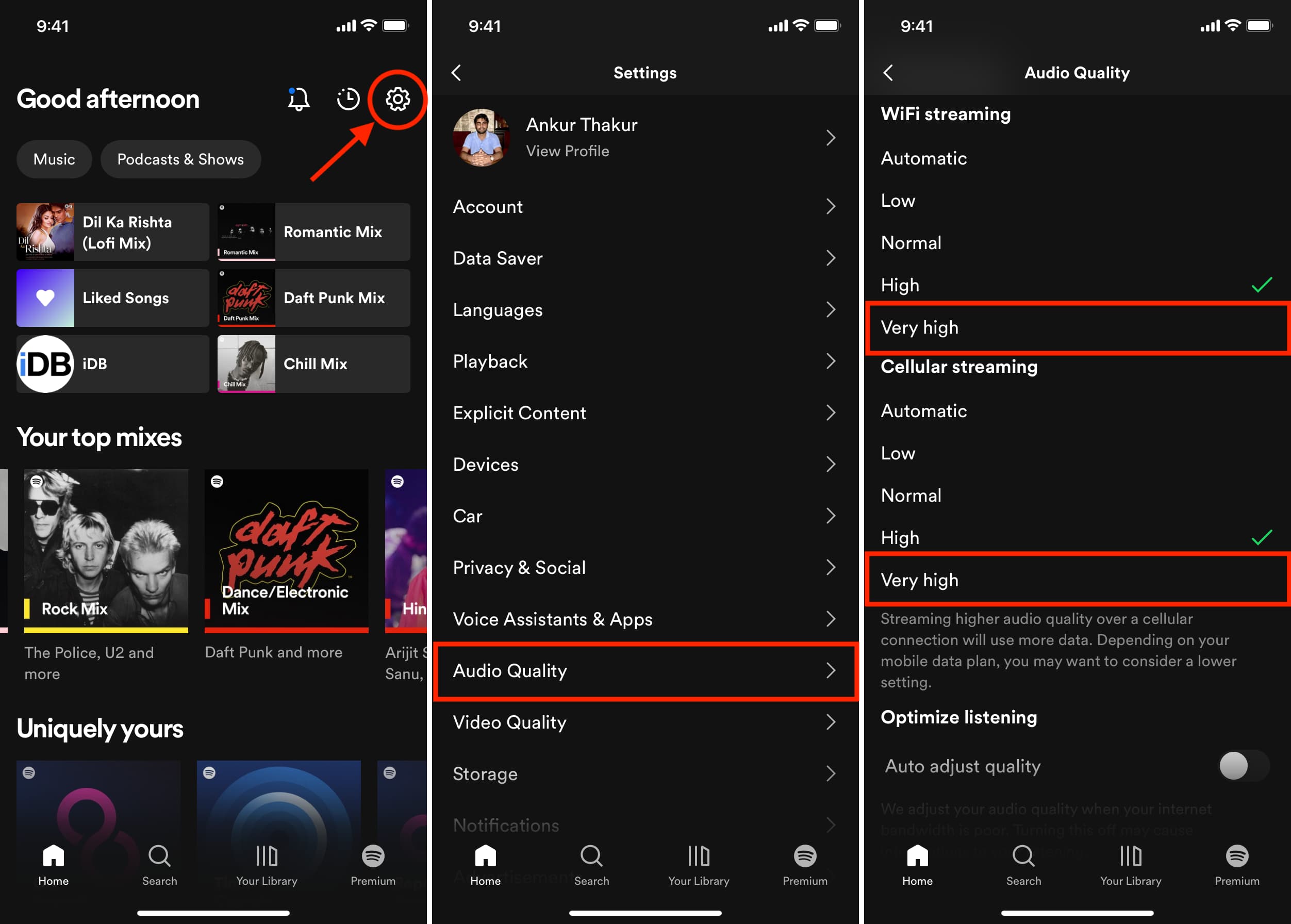 Select very high quality audio streaming in Spotify on iPhone