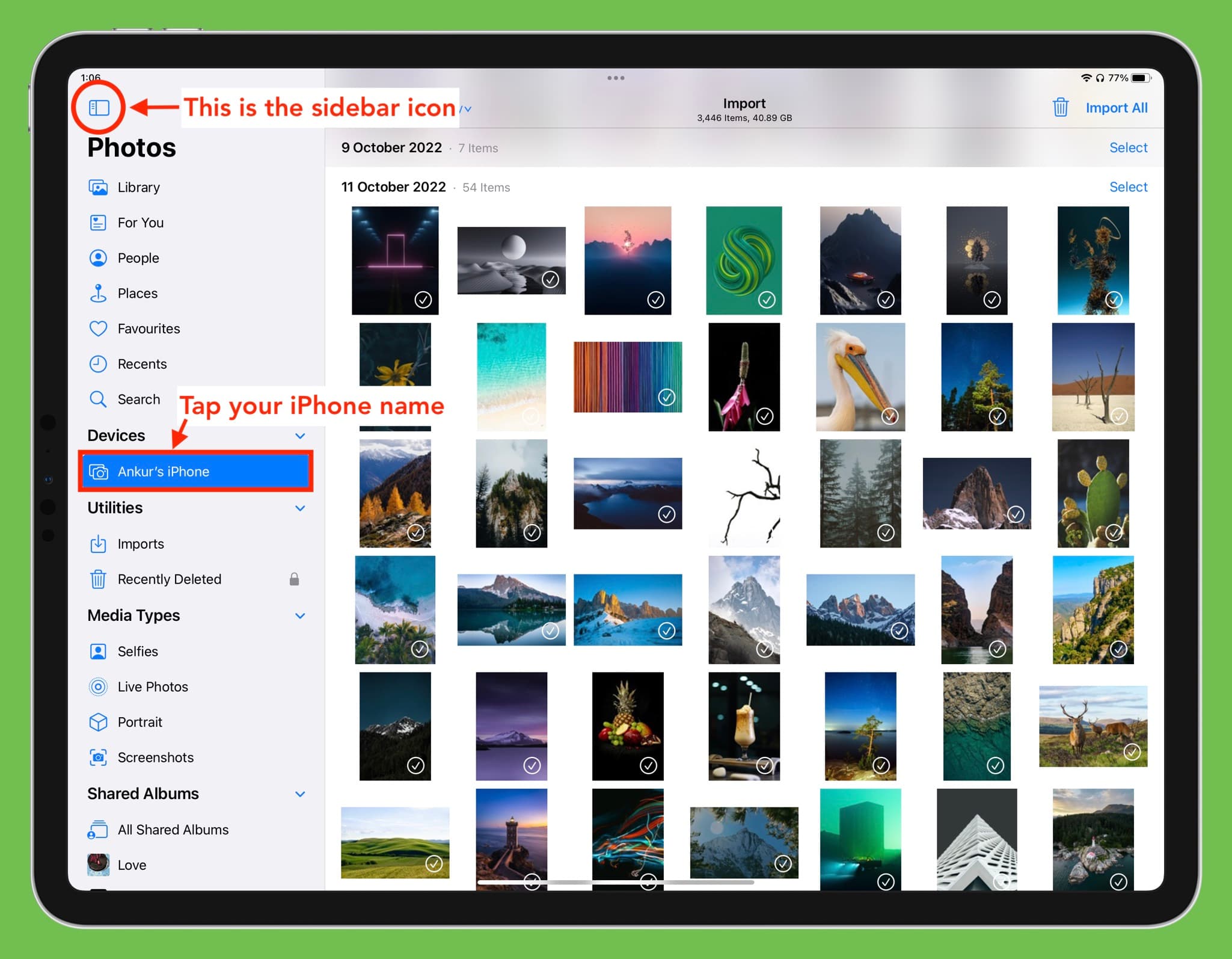 Select your iPhone in iPad Photos app