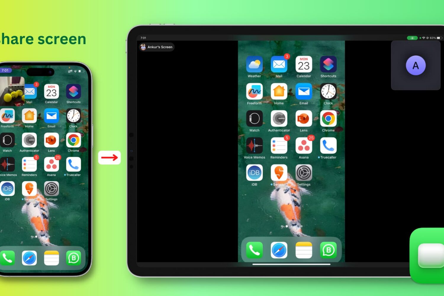 iPhone and iPad mockups showing active screen sharing via FaceTime