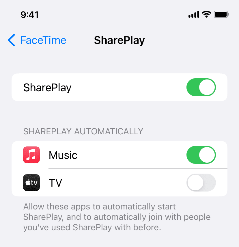 SharePlay settings on iPhone