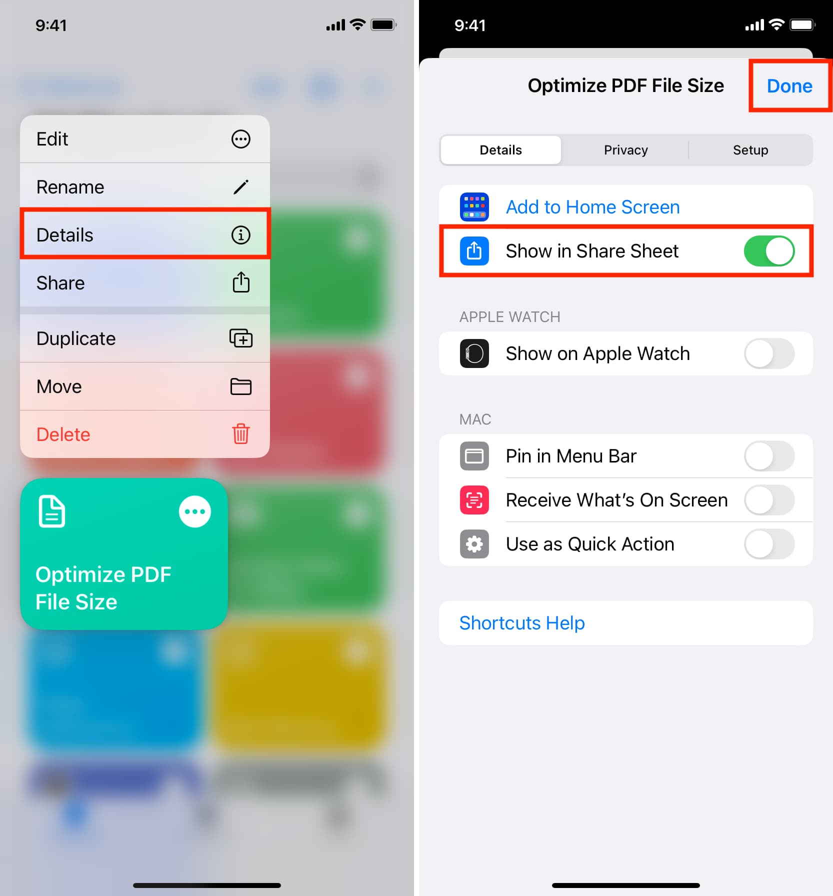 Show iPhone shortcut in Share Sheet