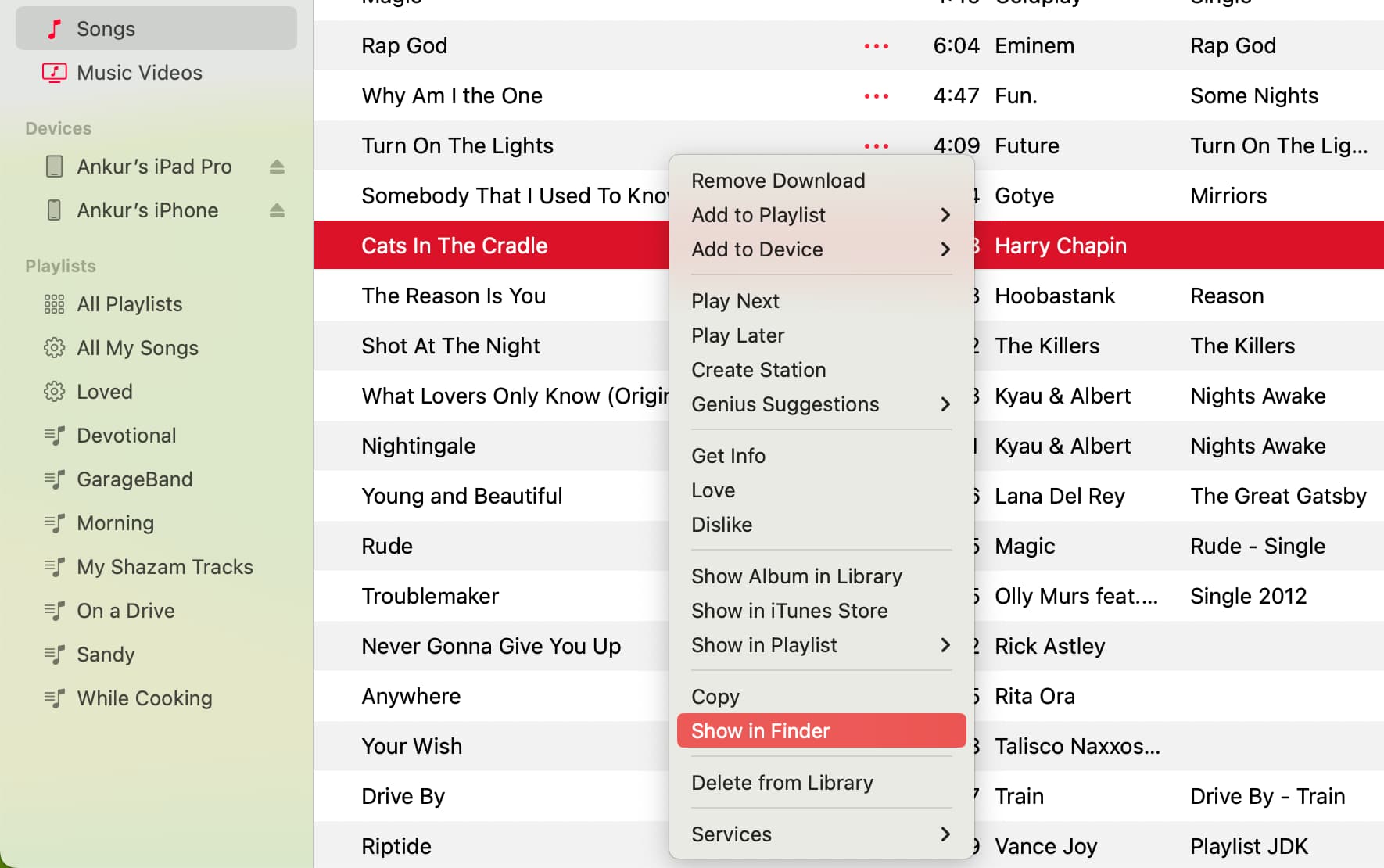 Show in Finder in Music app on Mac