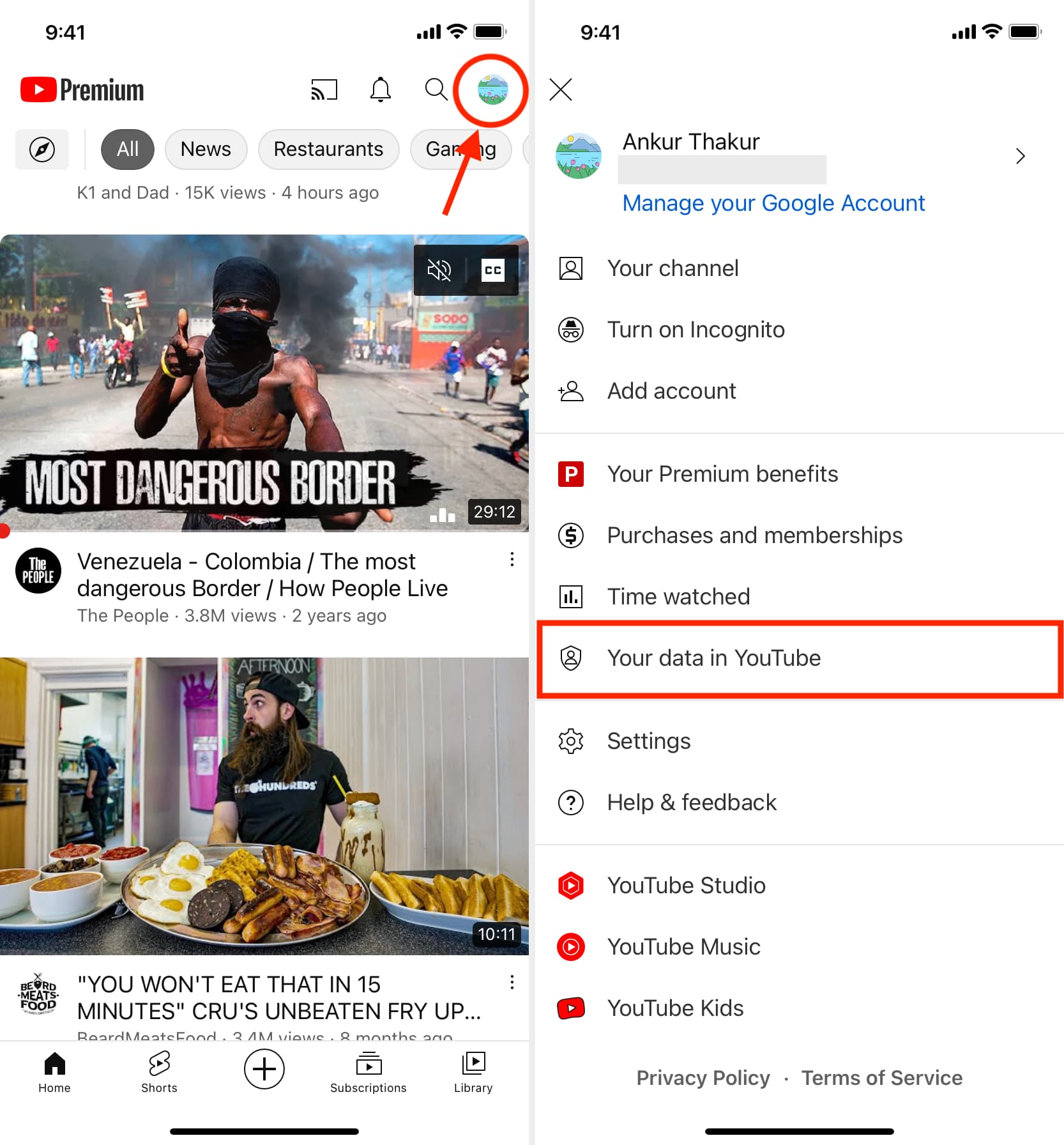 Tap profile photo and select Your data in YouTube app