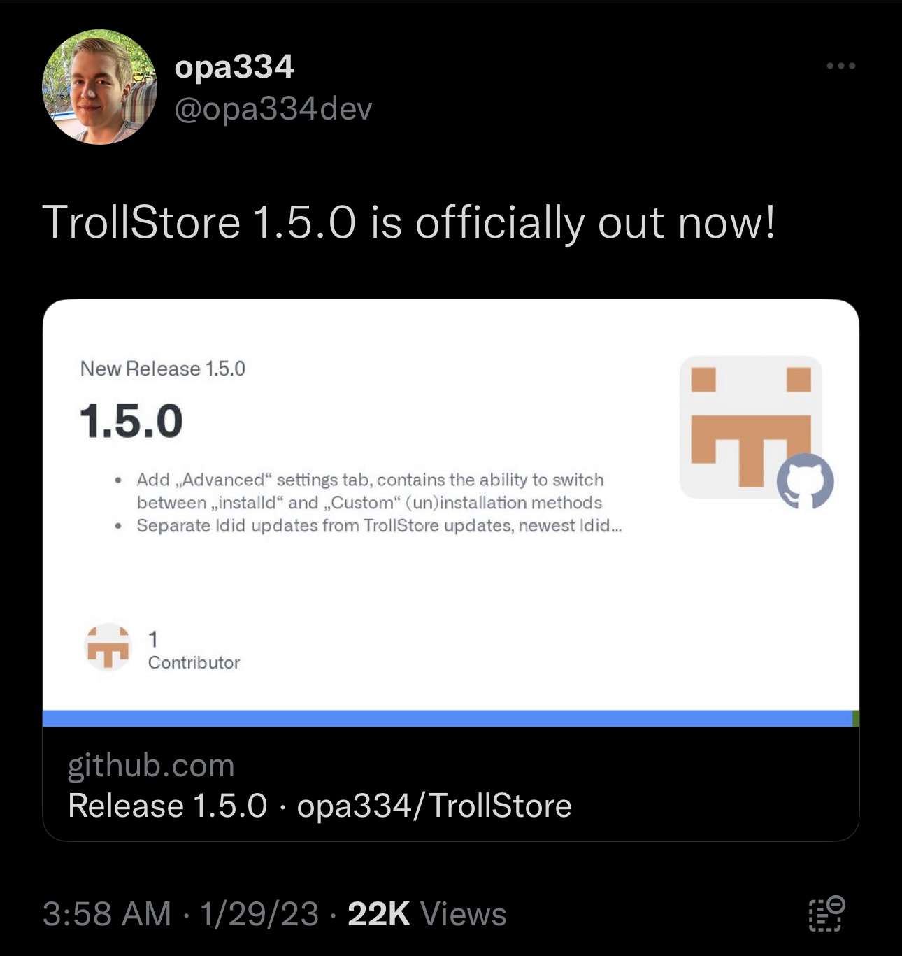 TrollStore version 1.5.0 released.