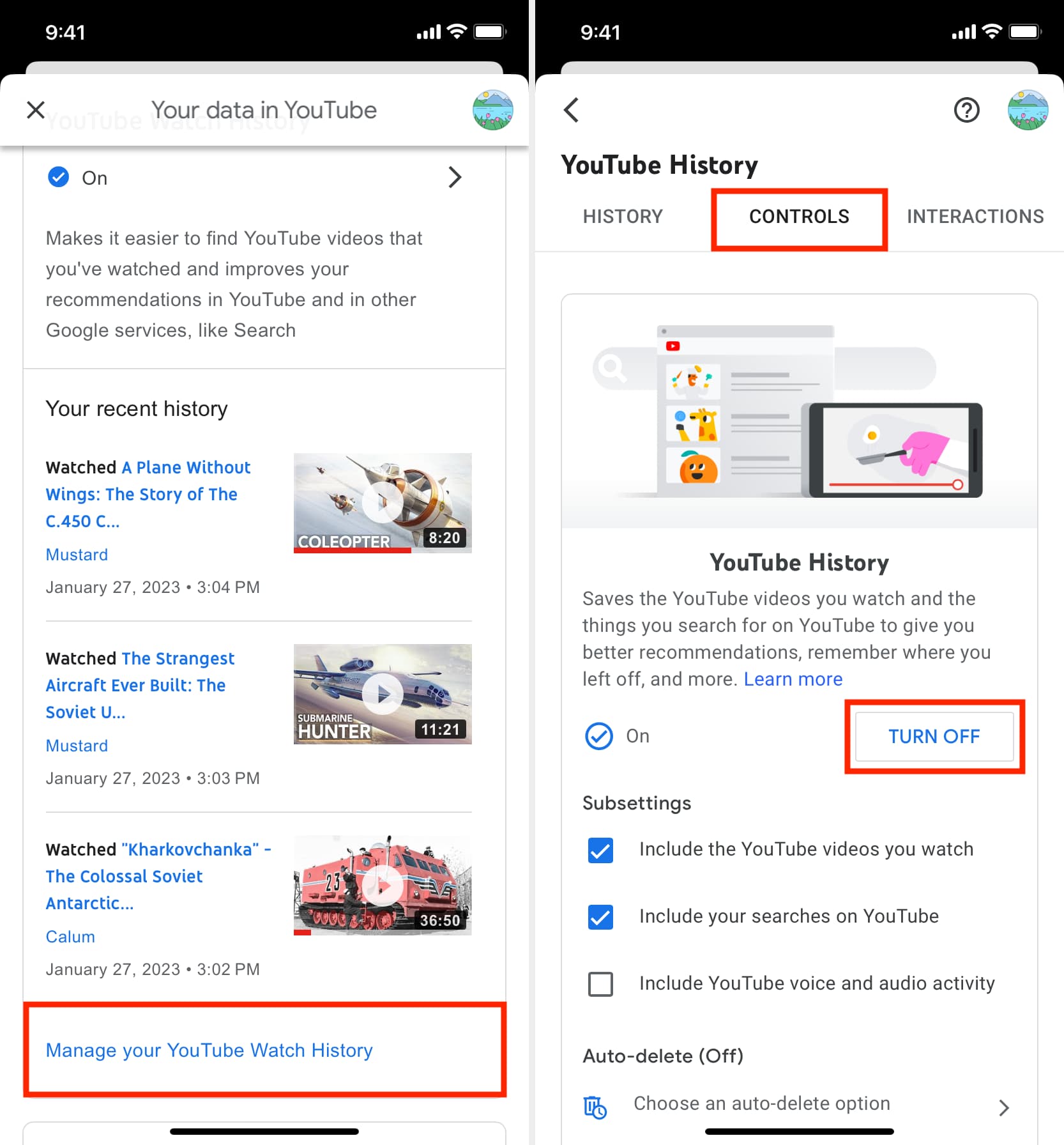 Turn off YouTube History record for your account