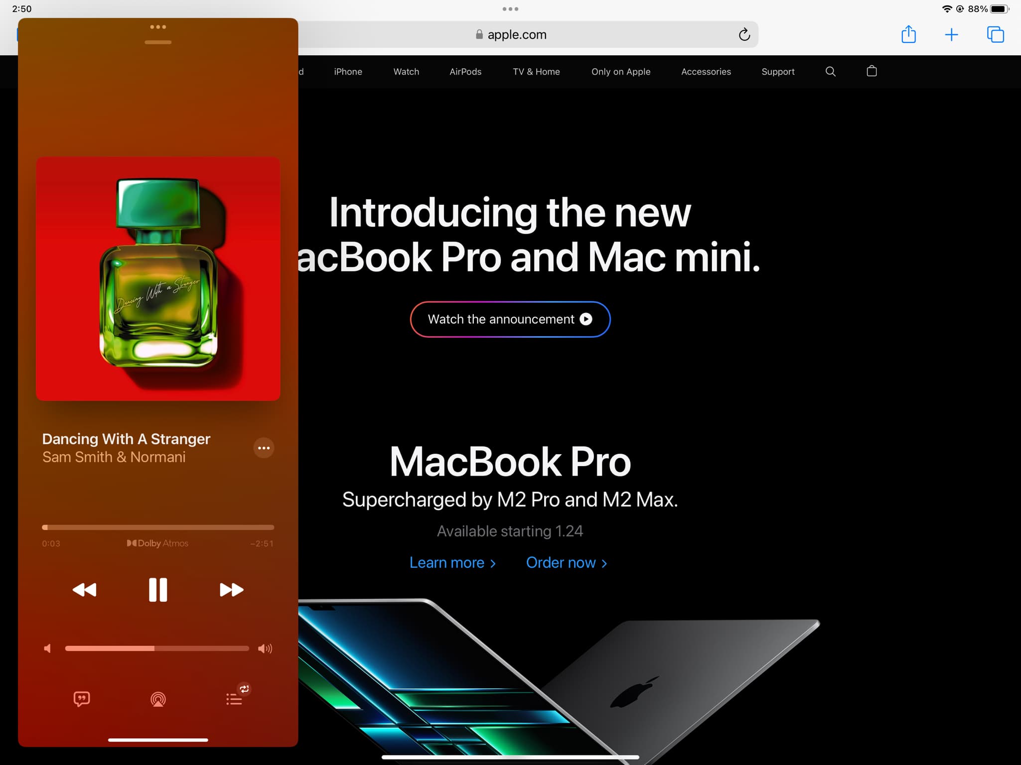 Two apps open in Slide Over on iPad