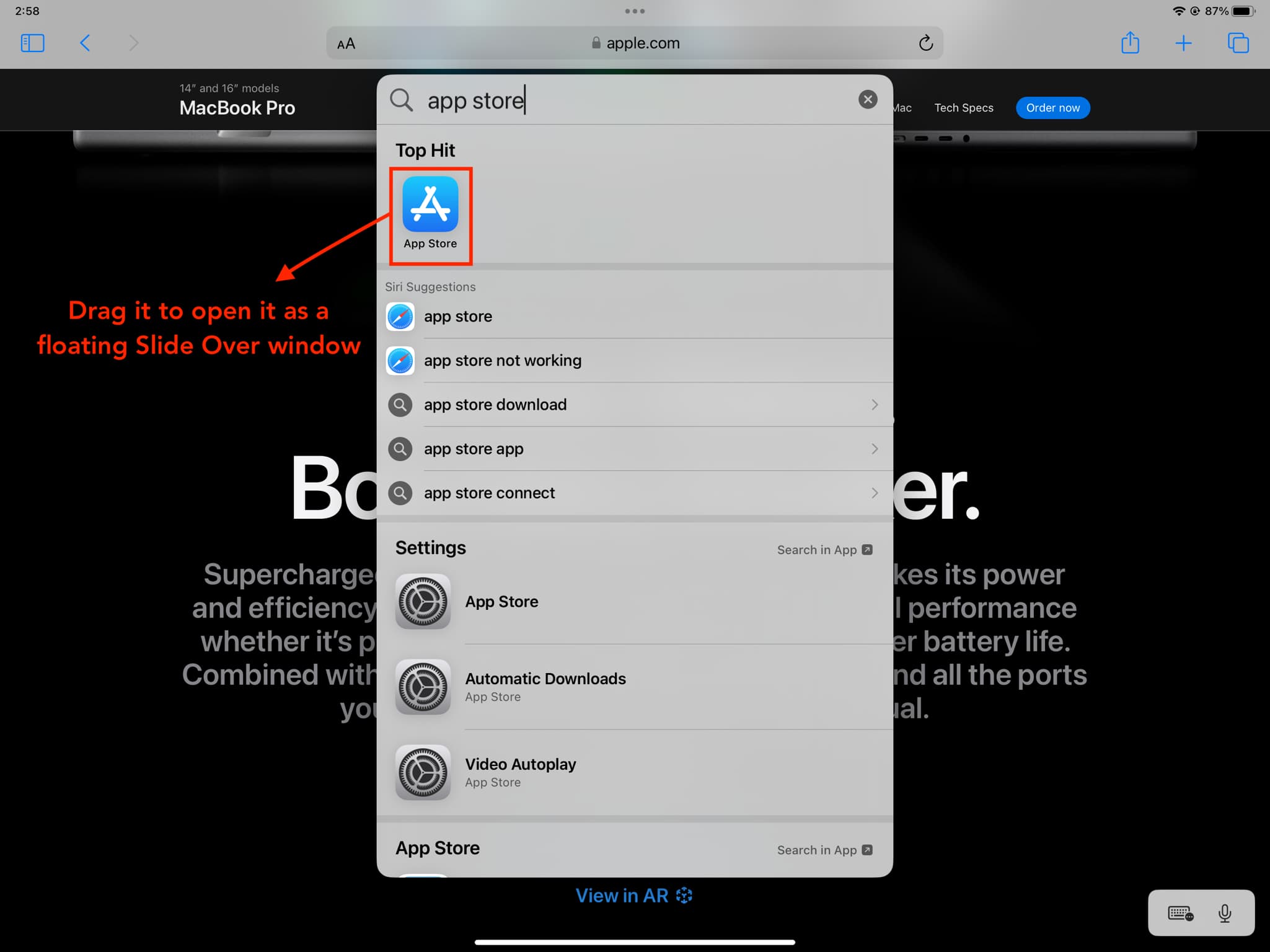 Type app name in Spotlight Search on iPad and drag it for Slide Over