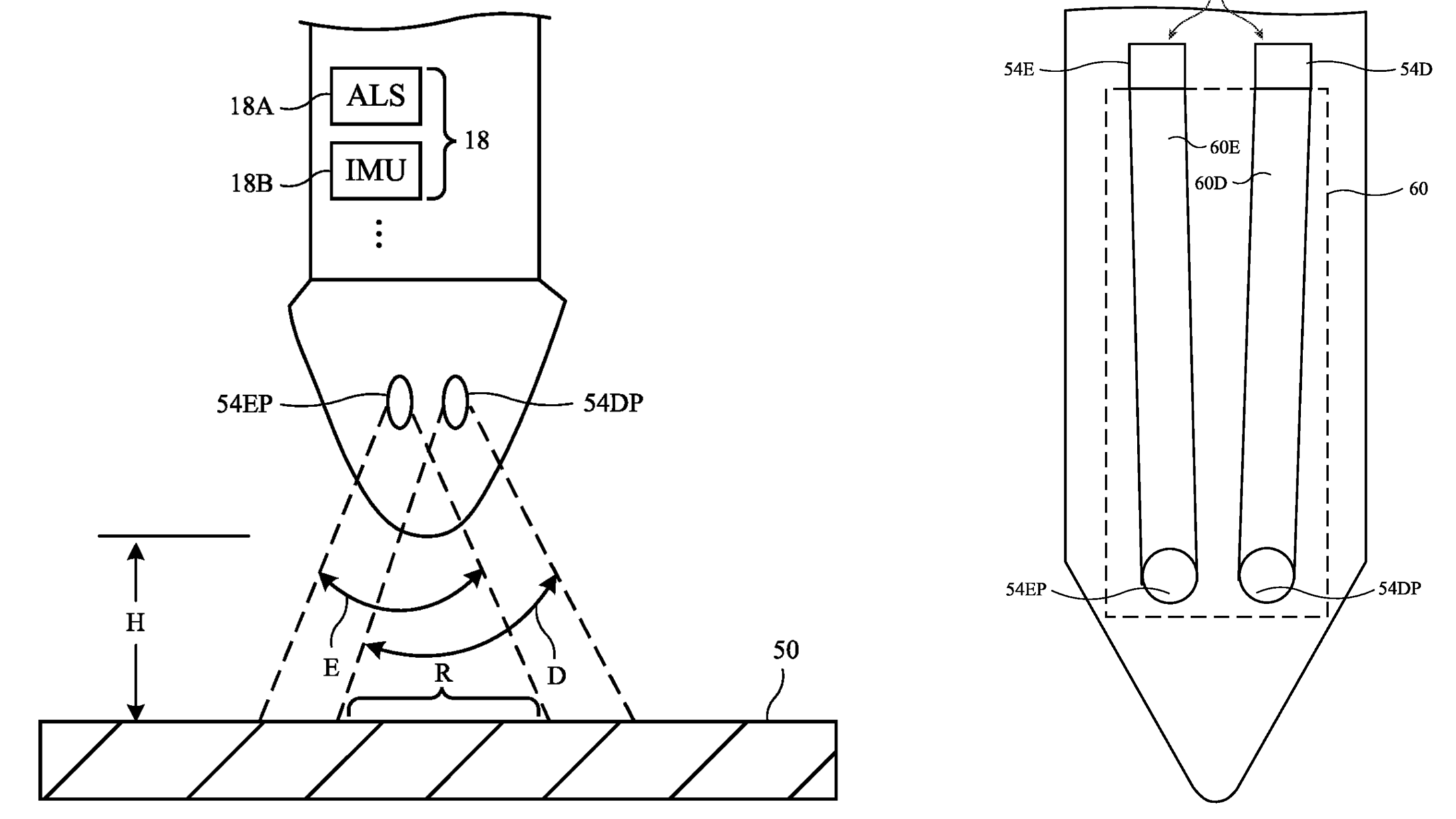 Patent drawings showcasing an Apple Pencil with an optical sensor for sampling surface color and texture
