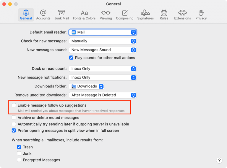 Mail Suggestion How to turn off email Follow Up suggestions in Apple Mail