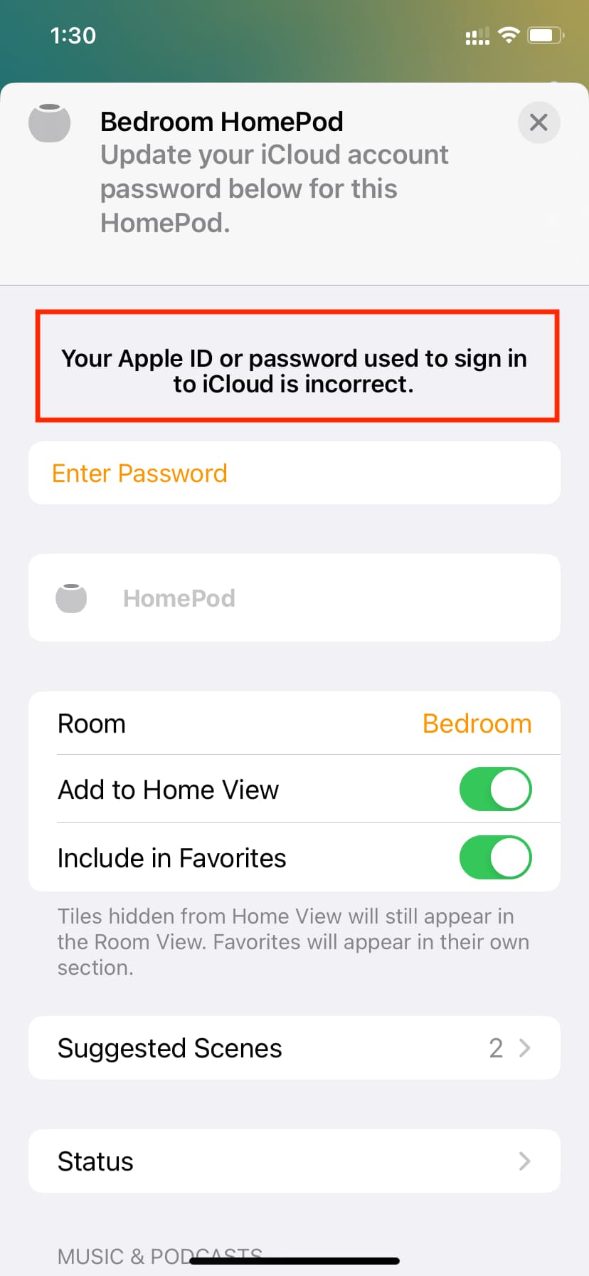 Your Apple ID or password used to sign in to iCloud is incorrect message in Home app on iPhone