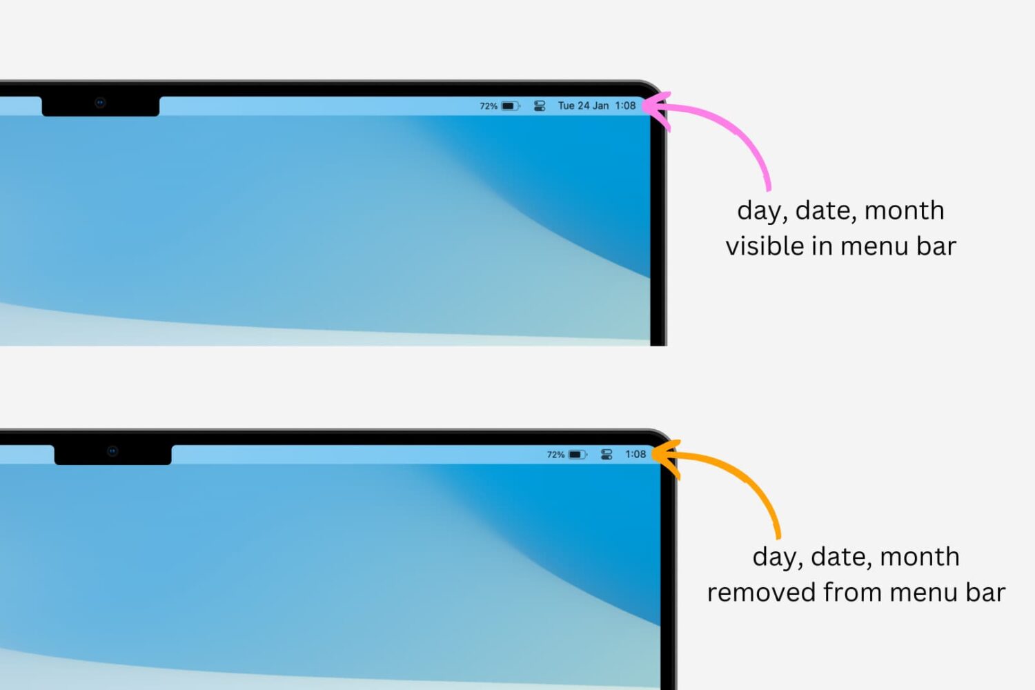 Two MacBook mockups with one showing the day, date, and month in the menu bar while the other has these removed