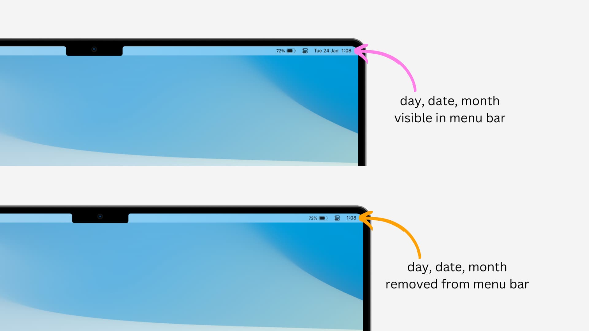 Two MacBook mockups with one showing the day, date, and month in the menu bar while the other has these removed