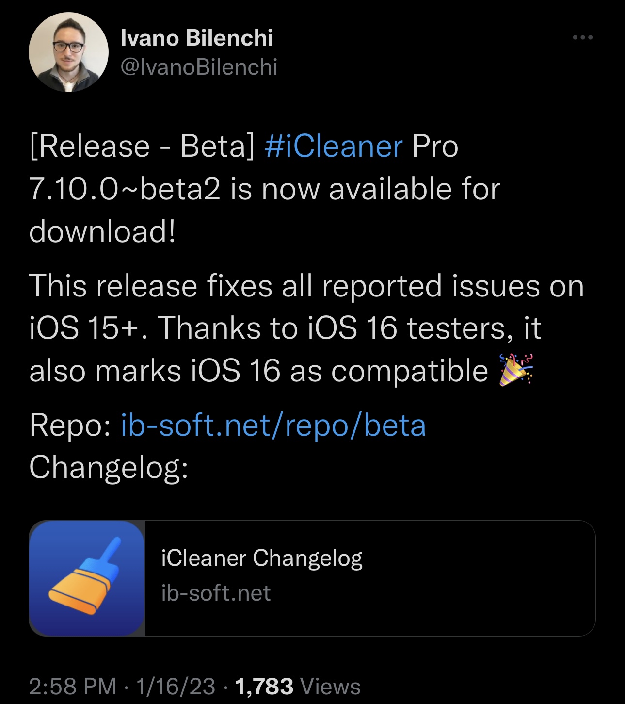 Ivano Bilenchi announces iOS 16 support for iCleaner.