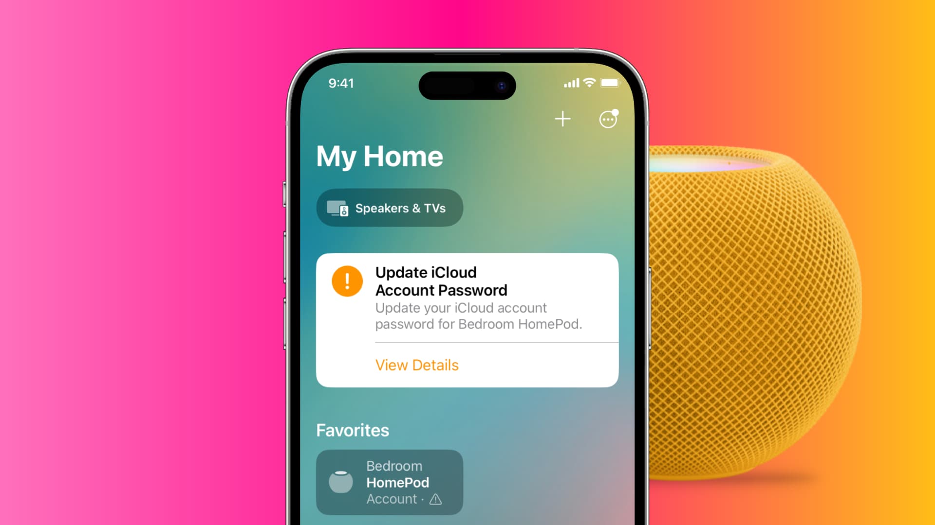 iPhone Home app showing iCloud and Apple ID password problem banner with a HomePod in the image background