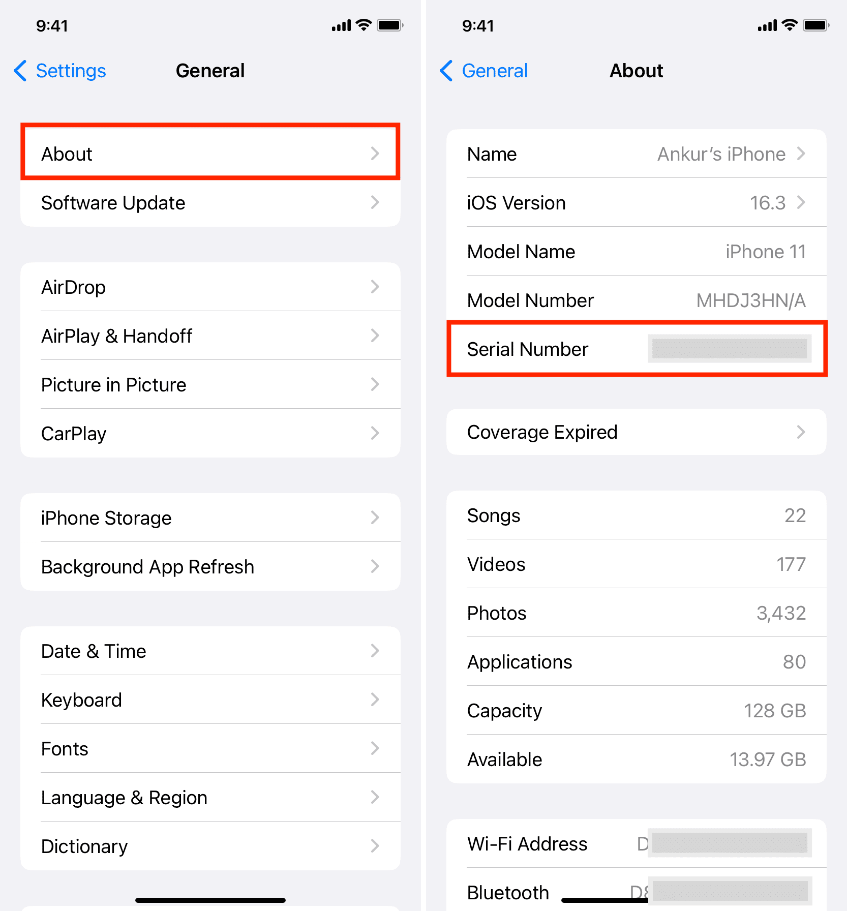 iPhone Serial Number in Settings app