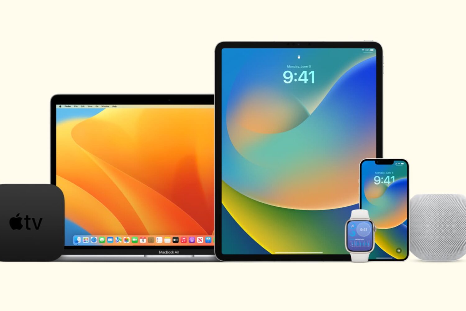 iPhone, iPad, MacBook, Apple Watch, Apple TV, and HomePod kept near each other