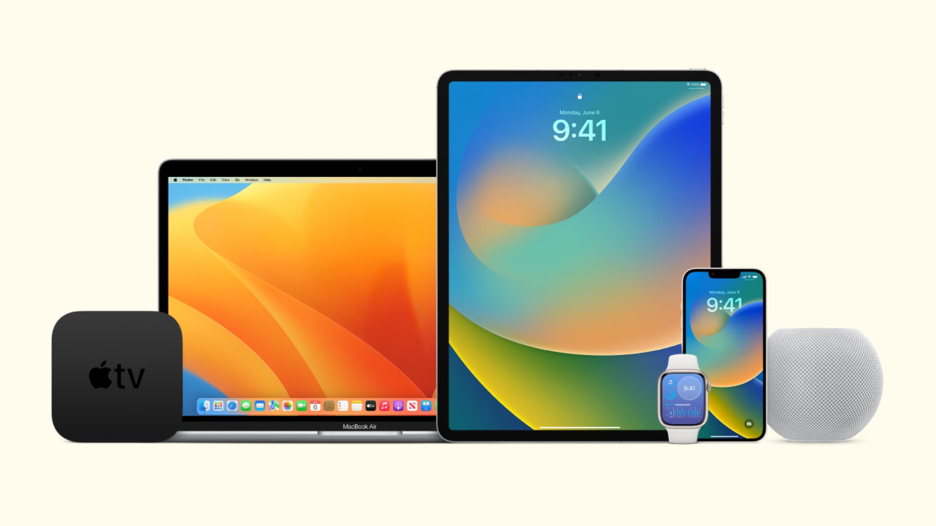 iPhone, iPad, MacBook, Apple Watch, Apple TV, and HomePod kept near each other